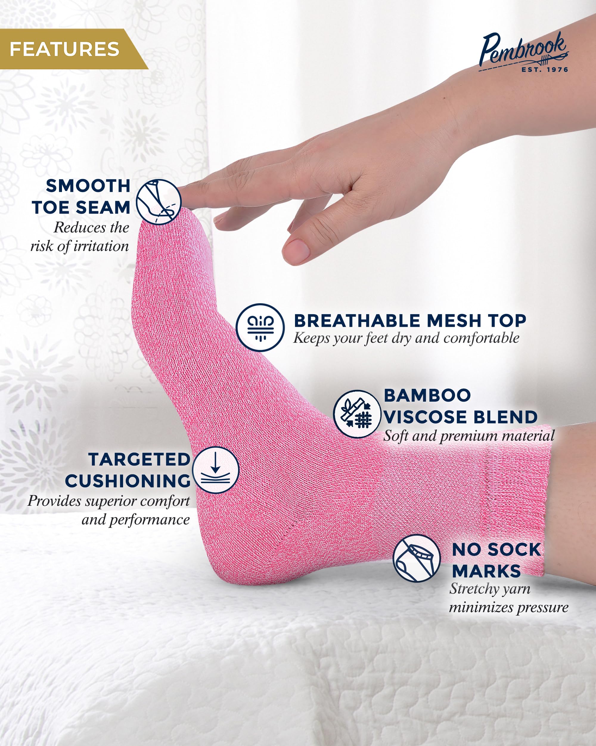 Pembrook Bamboo Viscose Diabetic Socks for Women & Men - 6 Pairs Ankle Socks for Swollen Feet | Neuropathy Socks | Edema Neuropa