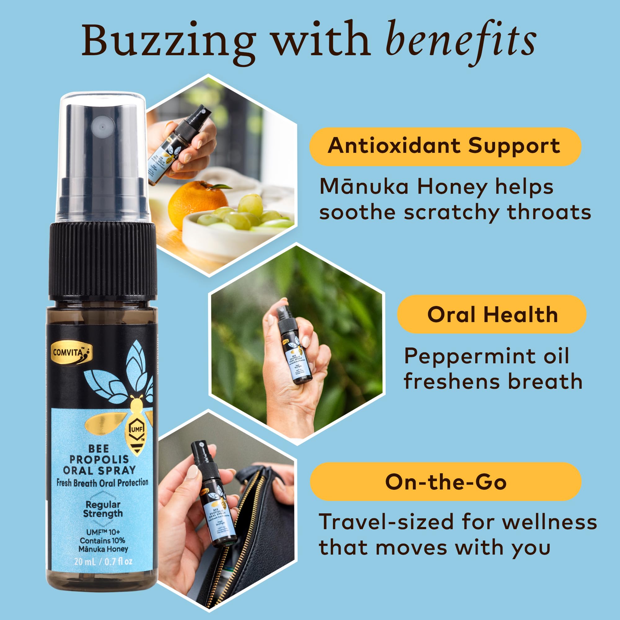 Comvita Bee Propolis Throat Spray - Natural Immune Support, Soothing Mint Flavor with New Zealand UMF 10+ Manuka Honey, Antioxid