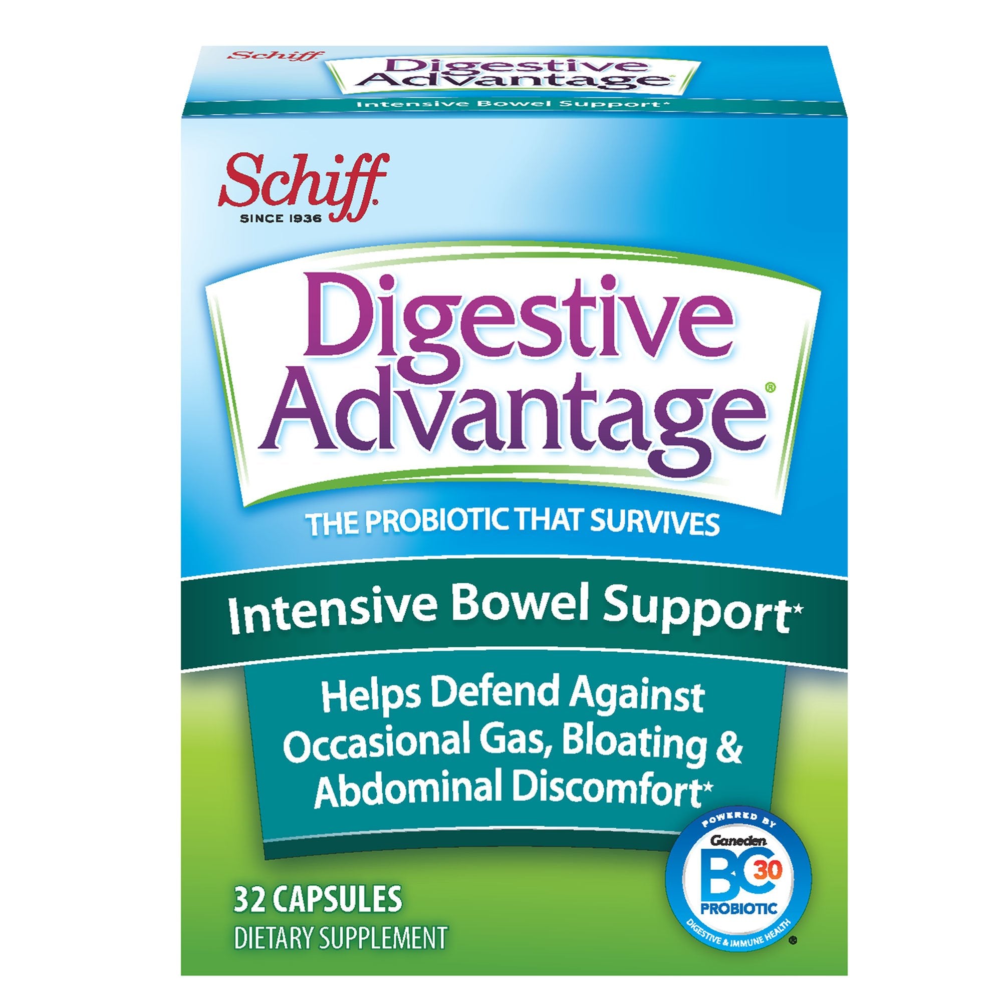 Intensive Bowel Support Probiotic Supplement - Digestive Advantage 32 Capsules, defends against gas, bloating, abdominal discomf