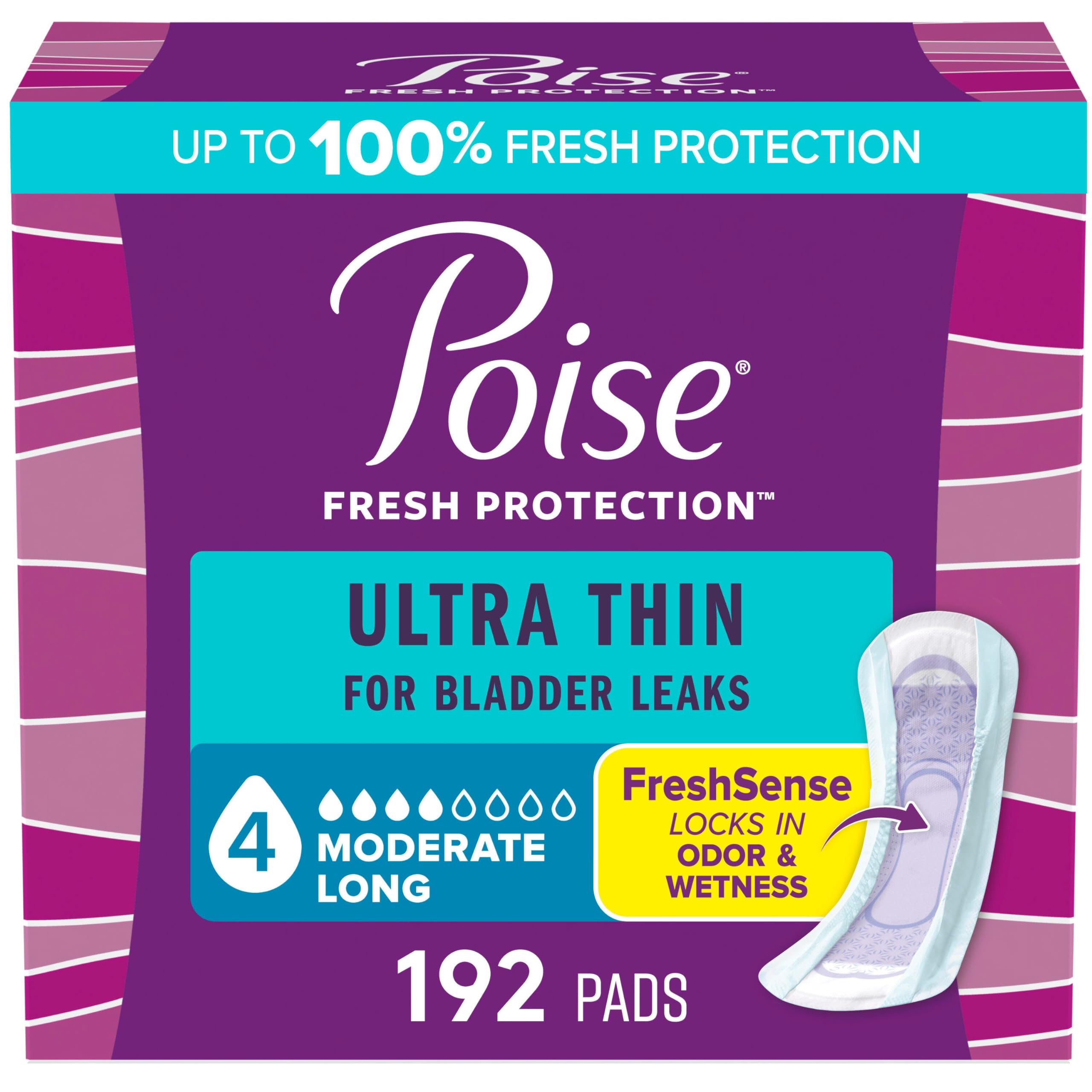 Poise Ultra Thin Incontinence Pads & Postpartum Pads for Bladder Leaks, 4 Drop Moderate Absorbency, Long Length, 192 Count (4 Pa