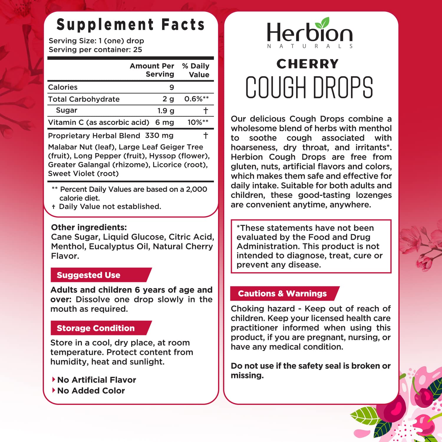 Herbion Naturals Cough Drops with Natural Cherry Flavor, Dietary Supplement, Soothes Cough, for Adults and Children Over 6 Years