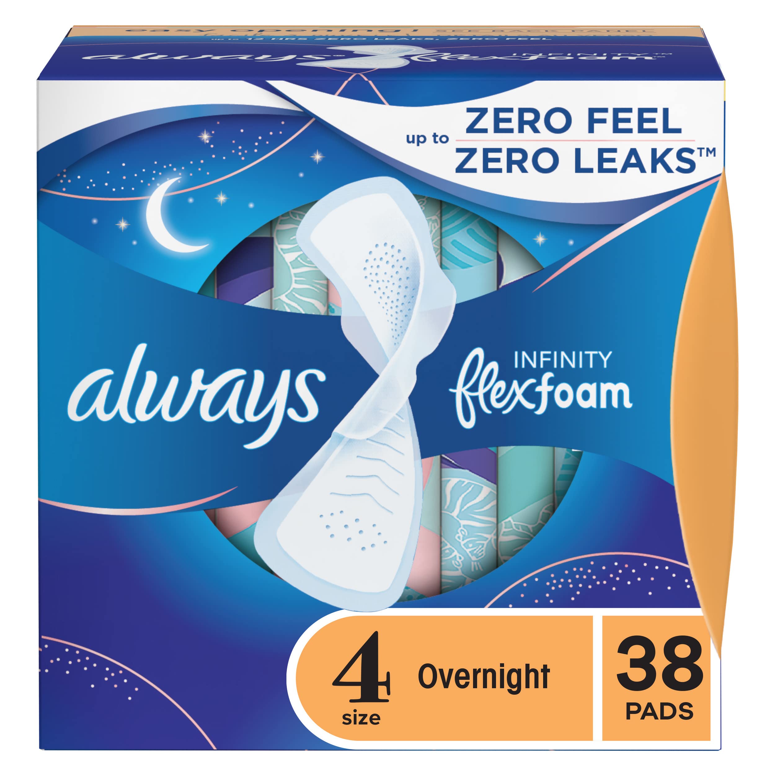 Always Infinity Feminine Pads for Women, Size 4 Overnight, with wings, unscented, 38 Count