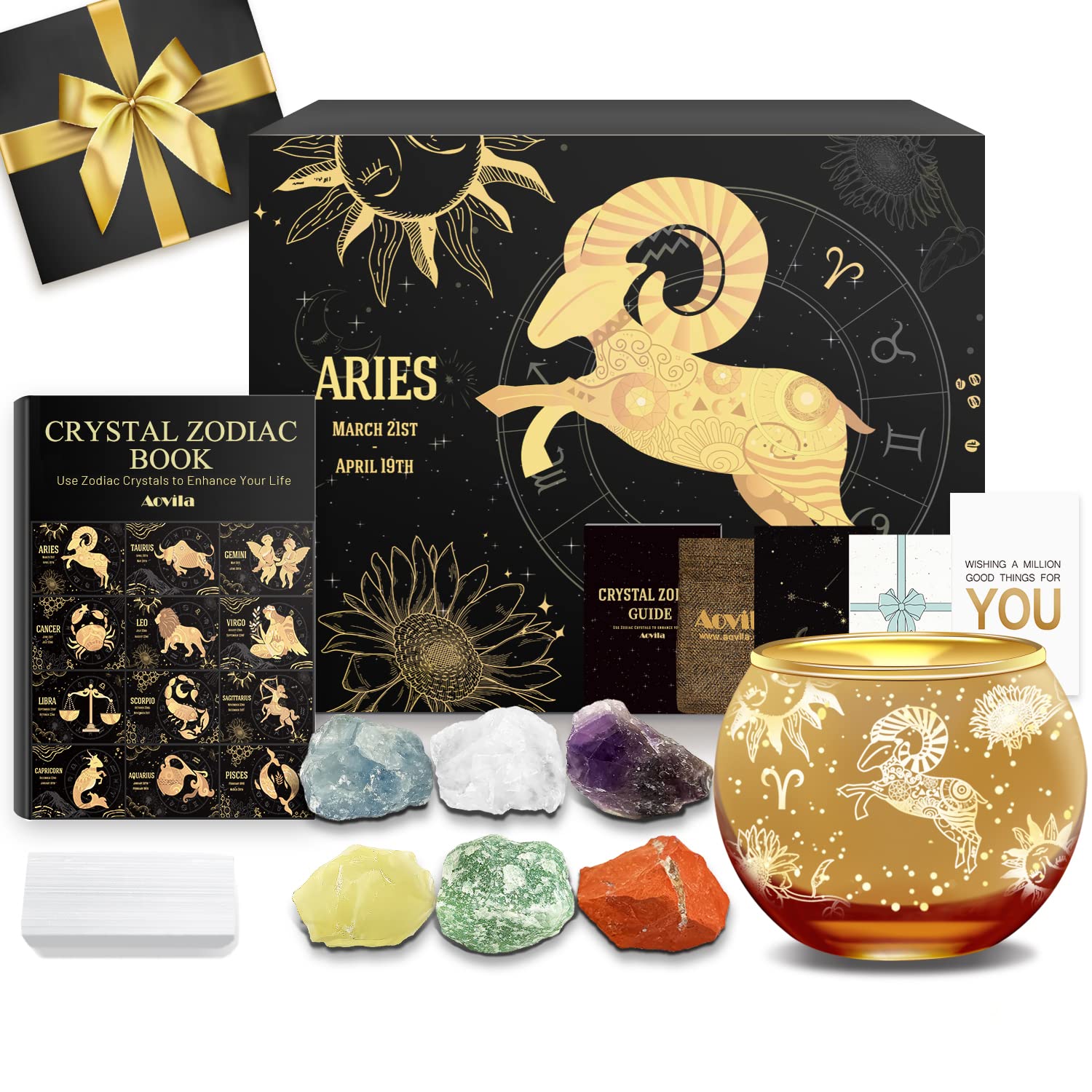 Aovila Aries Birthday Gifts for Women - Aries Candle Holder Crystals Birthstones Gifts Box Set - Zodiac Gifts Astrology Horoscop