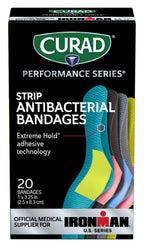 CURAD Performance Series IRONMAN Antibacterial Bandages, Extreme Hold Adhesive Technology, Standard Size Flexible Fabric Bandage