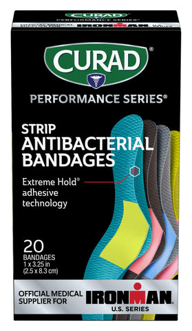 CURAD Performance Series IRONMAN Antibacterial Bandages, Extreme Hold Adhesive Technology, Standard Size Flexible Fabric Bandage