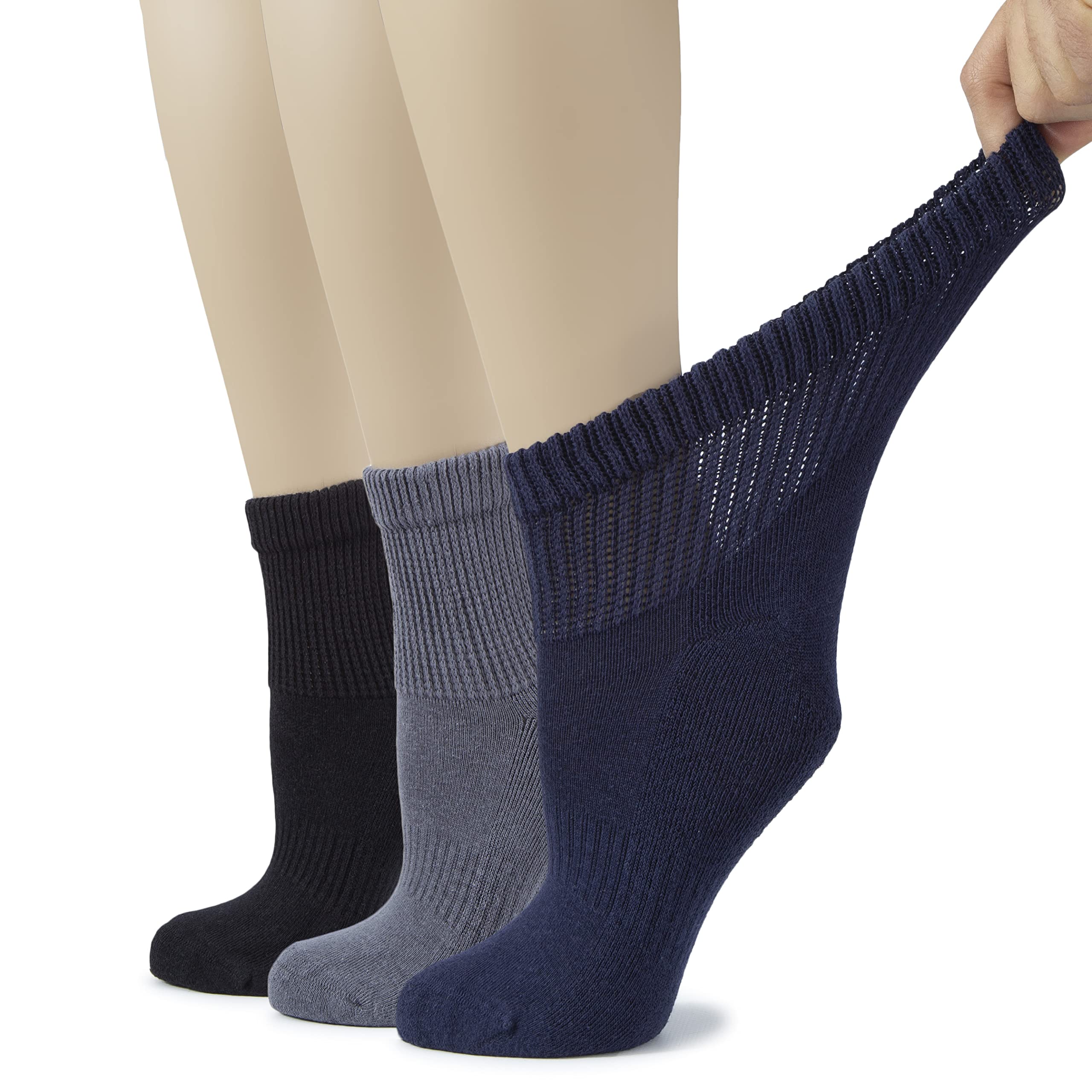 Hugh Ugoli Women's Cotton Diabetic Ankle Socks, Wide, Loose & Stretchy, Seamless Toe & Non Binding Top, 3 Pairs, Black/Grey/Navy