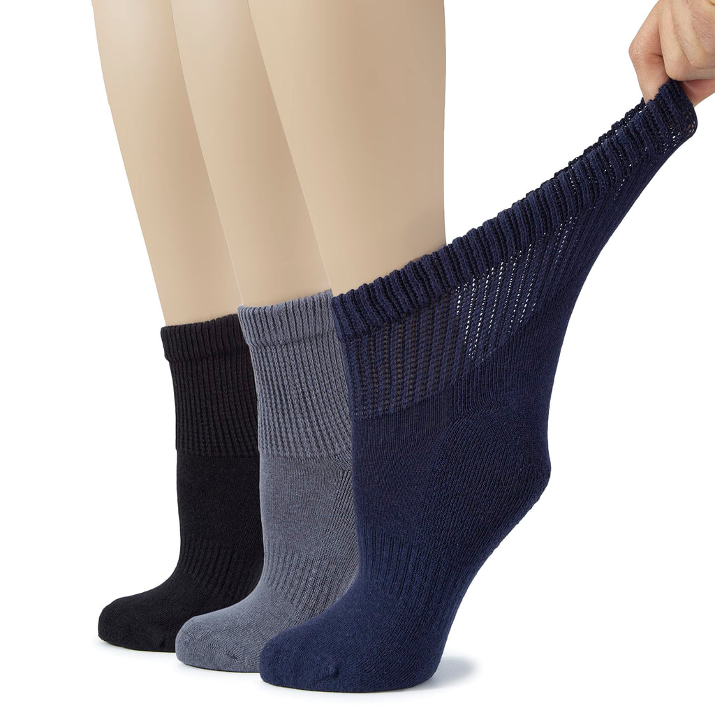 Hugh Ugoli Women's Cotton Diabetic Ankle Socks, Wide, Loose & Stretchy, Seamless Toe & Non Binding Top, 3 Pairs, Black/Grey/Navy