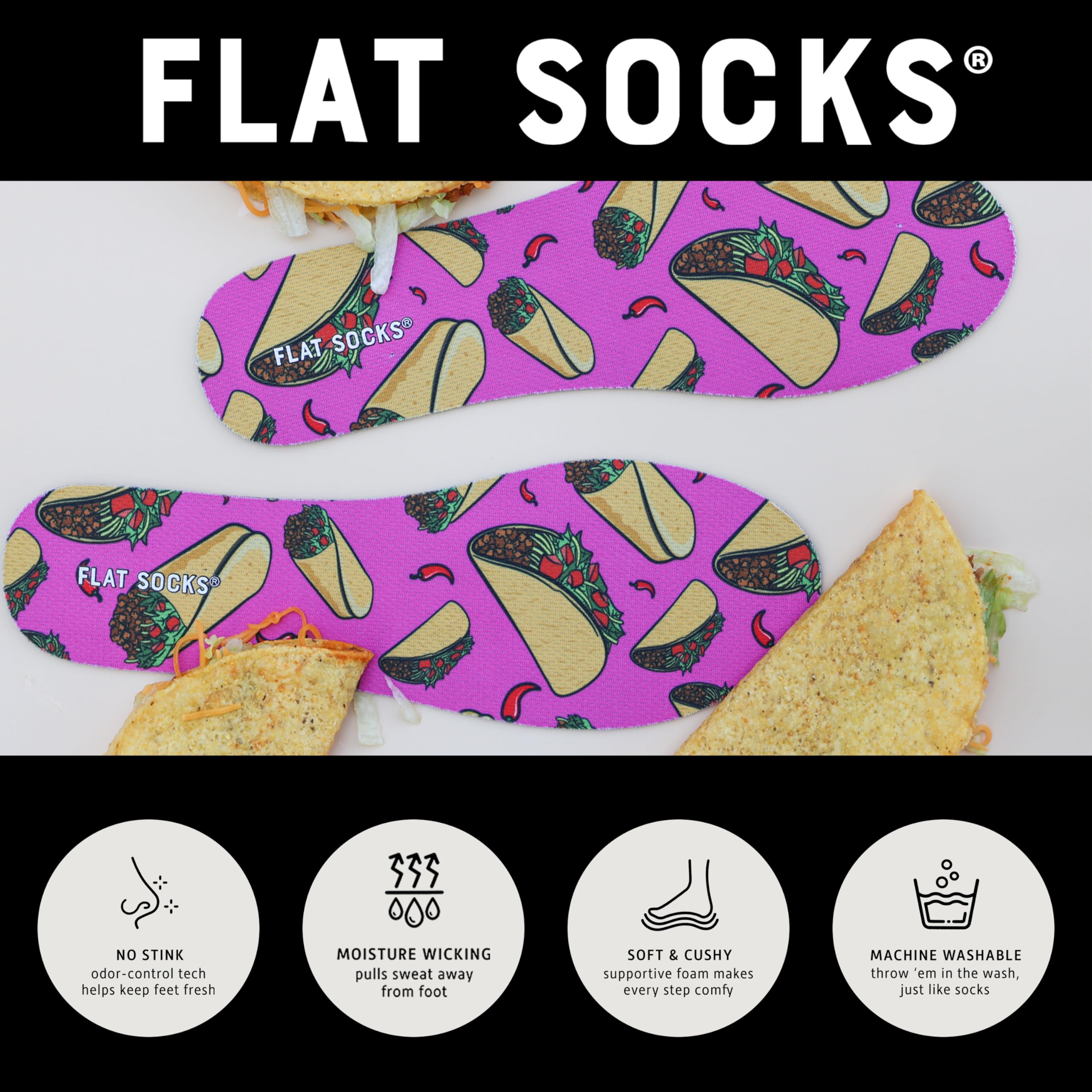FLAT SOCKS No Show Socks, Sockless Shoe Liner, No Slipping, No Stinking, Washable Barefoot Shoe Insert for Men and Women, Taco '