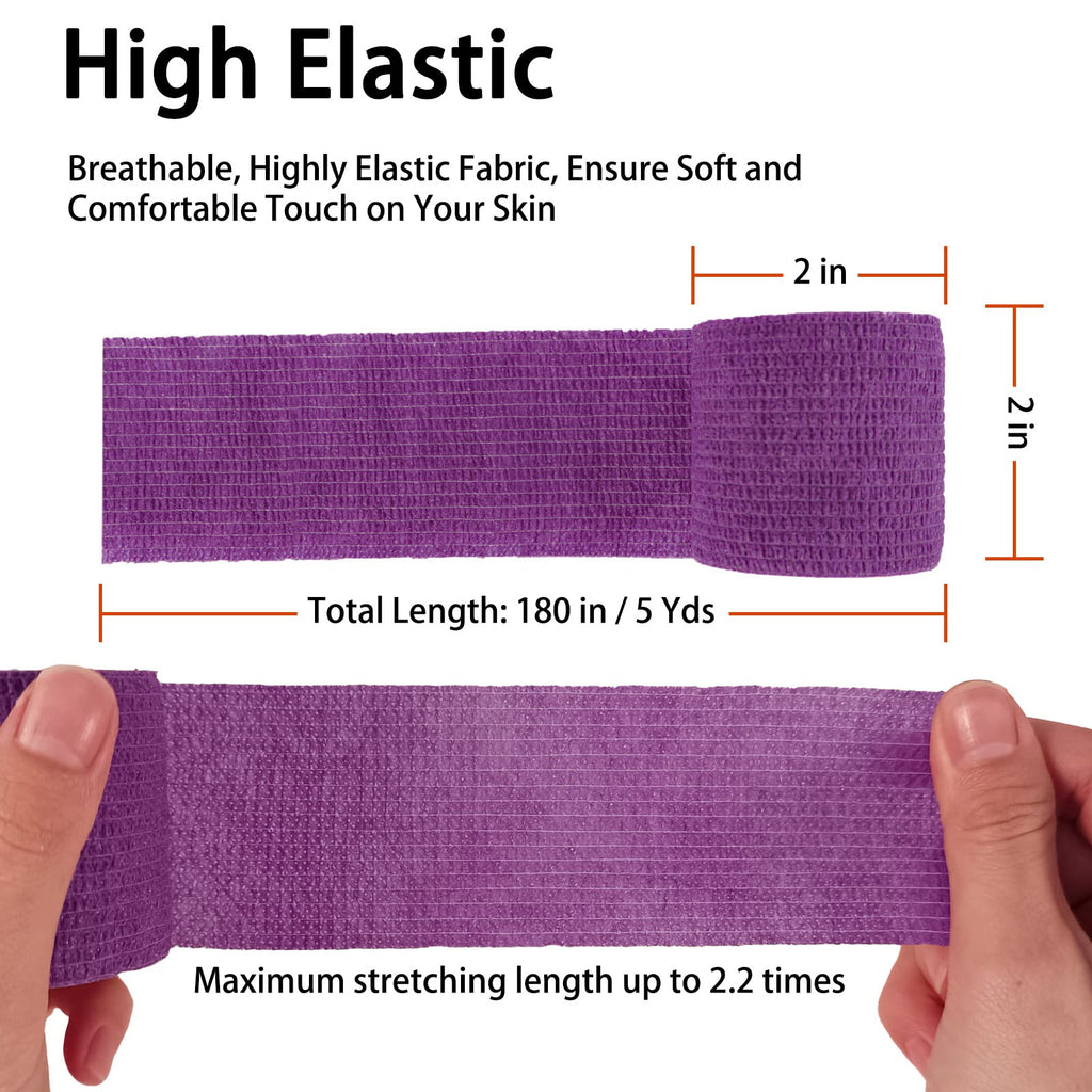 24 Pack Purple Bandage Tape, 2    x 5 Yards Self Adherent Cohesive Wrap Bandages Sretch Athletic Tape Breathable Medical Wrap Ga