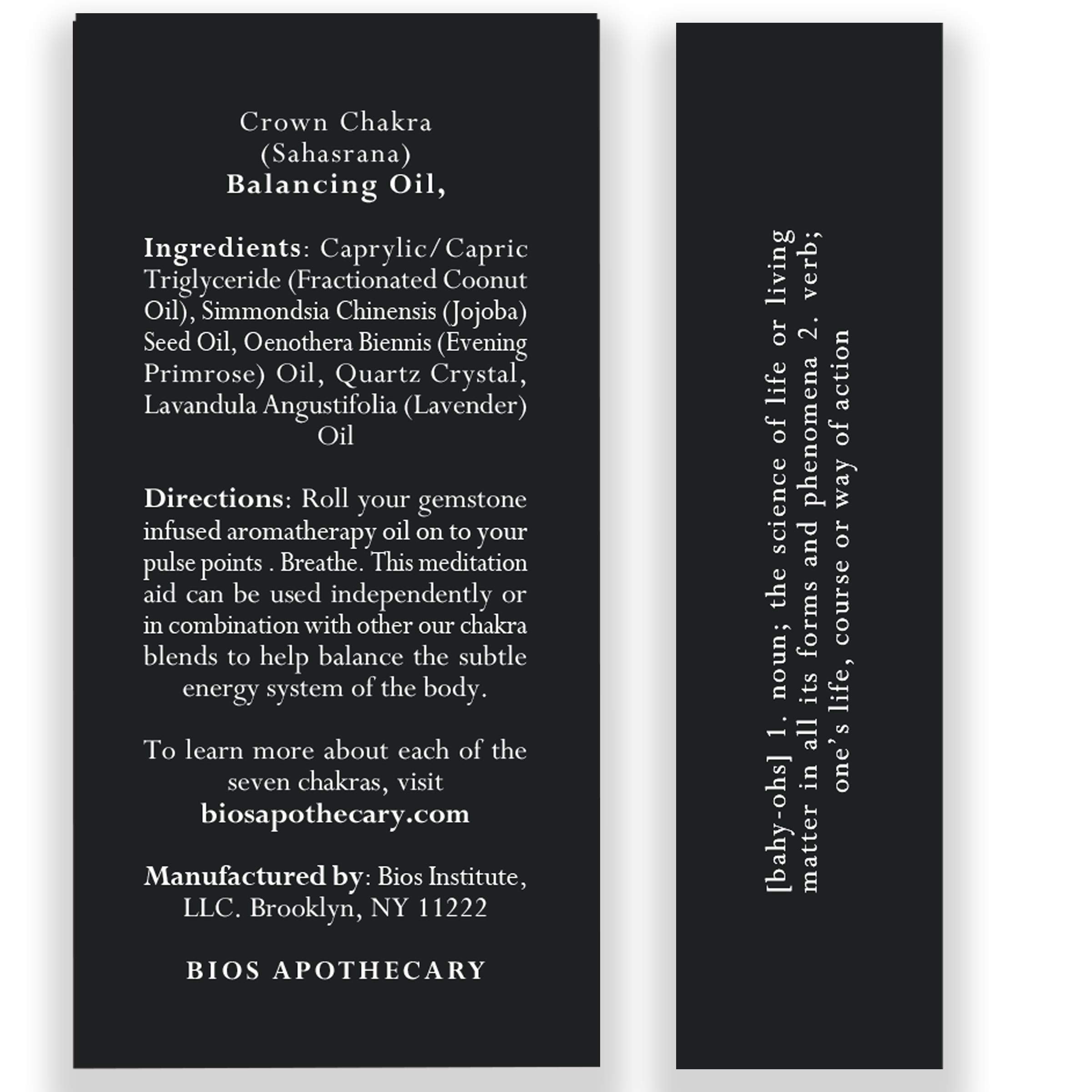 Bios Apothecary - 7th Chakra Balancing Oil - Sahasrara Crown Chakra Aromatherapy - Roll On Pulse Points - Infused with White Qua