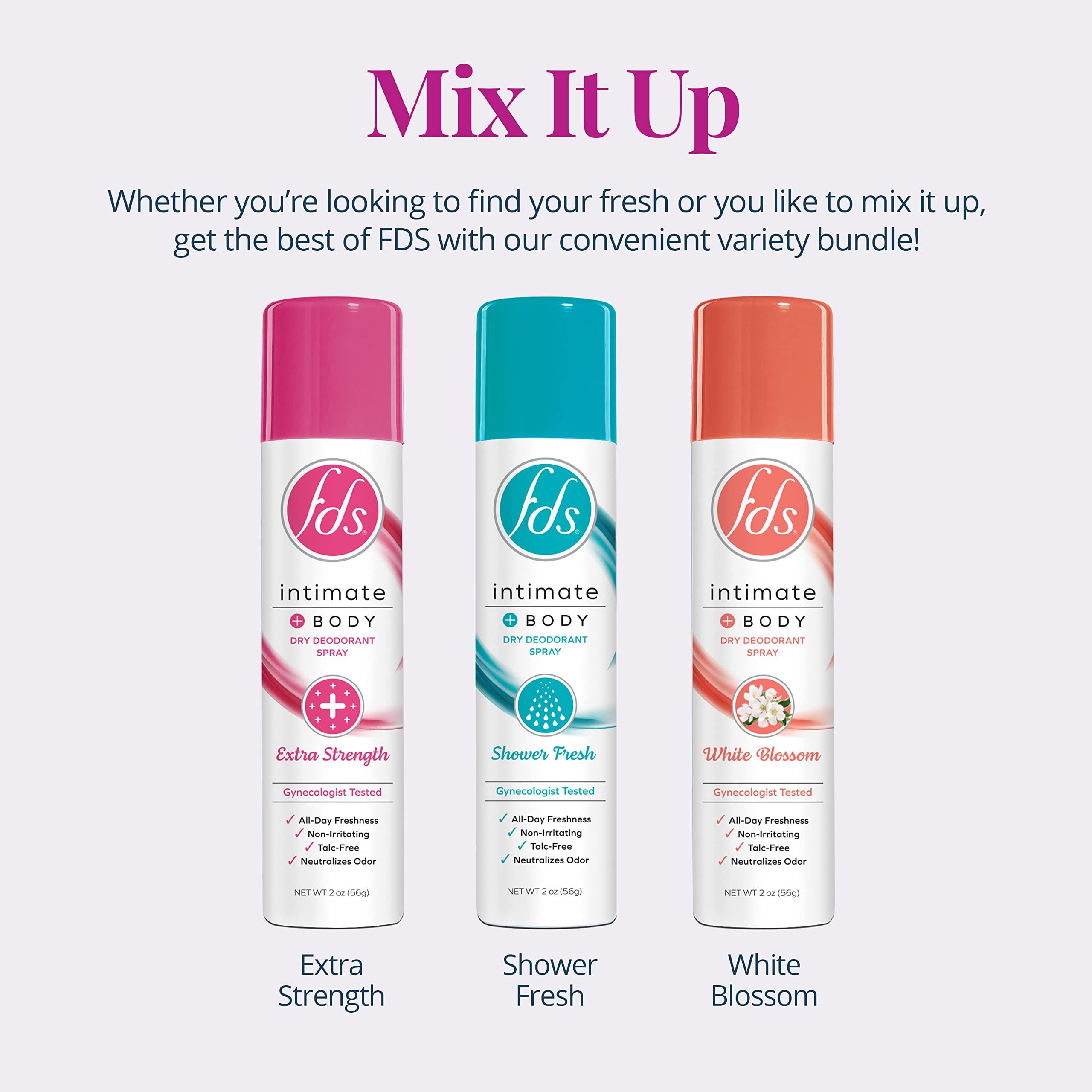 FDS Intimate Deodorant Feminine Spray for All Day Freshness & Odor Protection, Variety Pack Shower Fresh + White Blossom, pH-bal