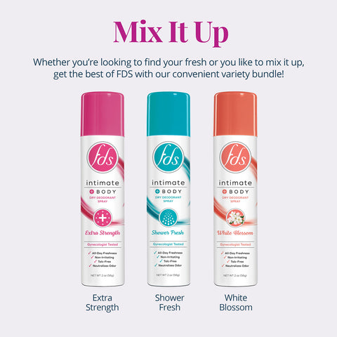 FDS Intimate Deodorant Feminine Spray for All Day Freshness & Odor Protection, Variety Pack Shower Fresh + White Blossom, pH-bal