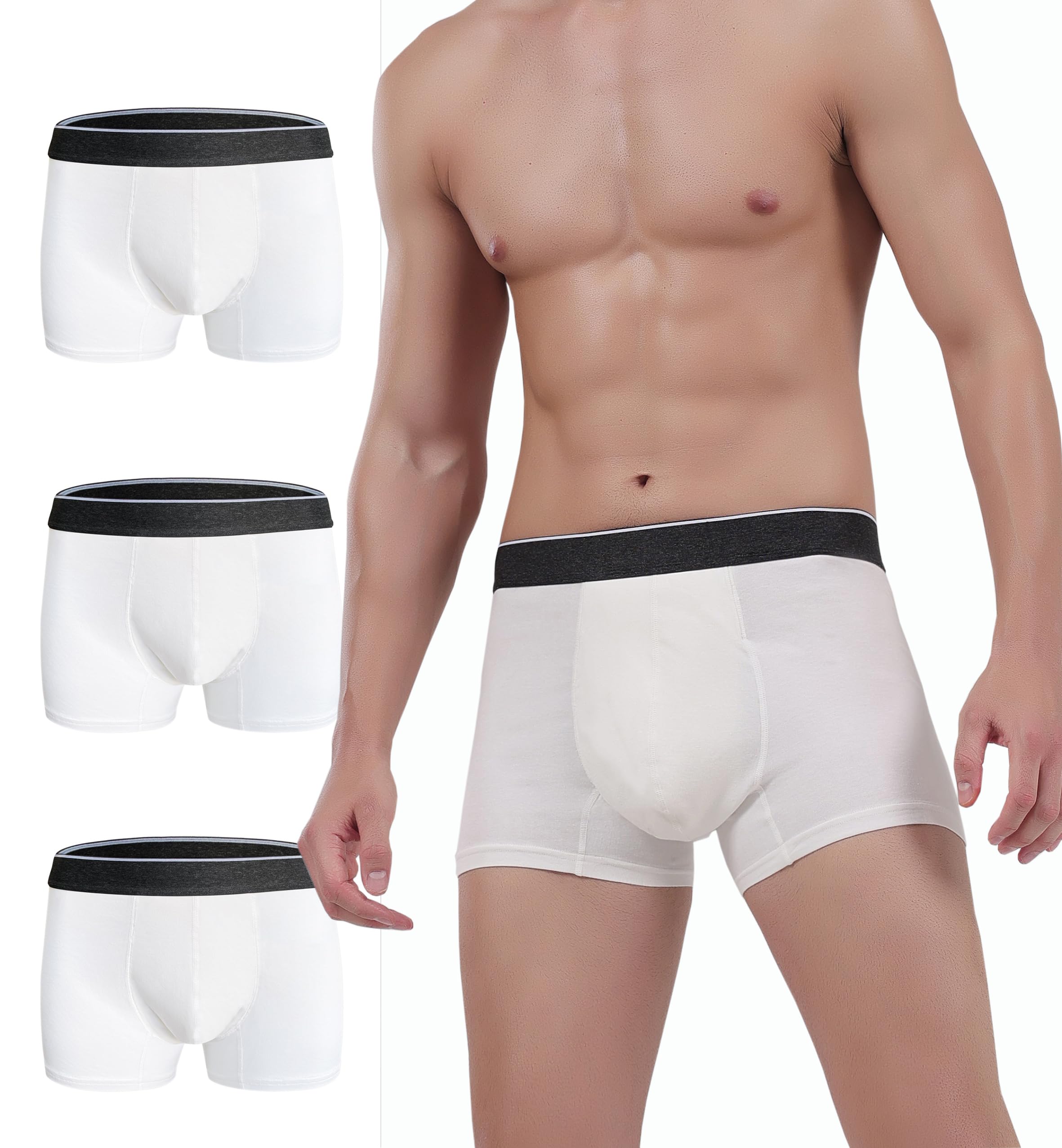 AIRCUTE Men Urinary Incontinence Underwear Washable Absorbency Soft Bladder Leak Proof Boxer Briefs 60 ML 3 Pack (Large,3 White)