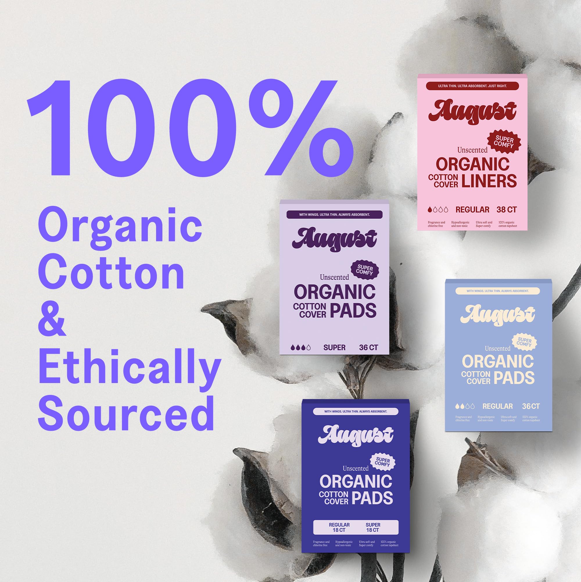 August Organic Panty Liners for Women and Anyone Who Menstruates, Made with Organic Cotton, 38 Daily Liners for Women, Toxin & F