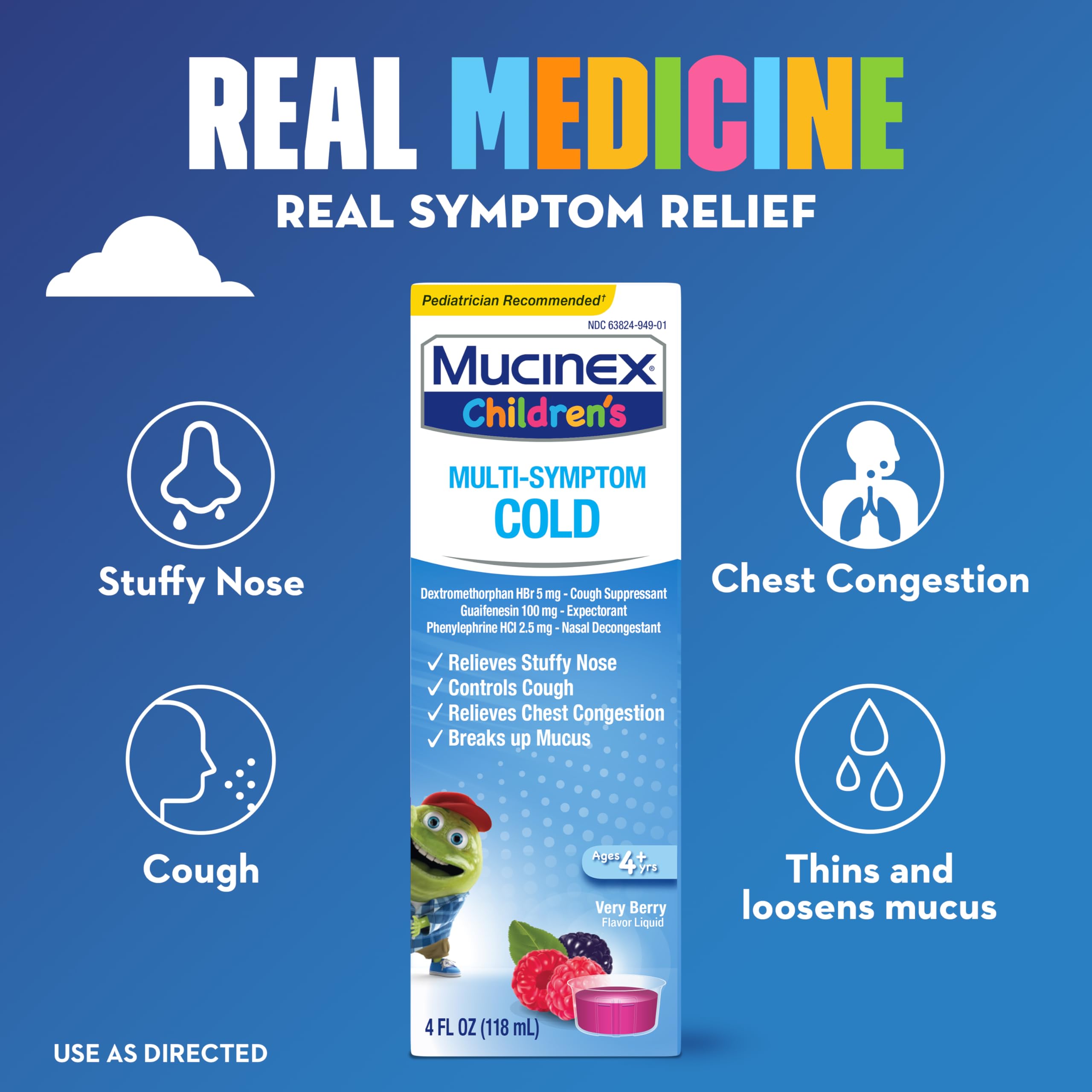 Mucinex Childrens Multi-Symptom Cold Relief Liquid- Relieves Stuffy Nose, Chest Congestion, Cough & Mucus, Expectorant & Cough