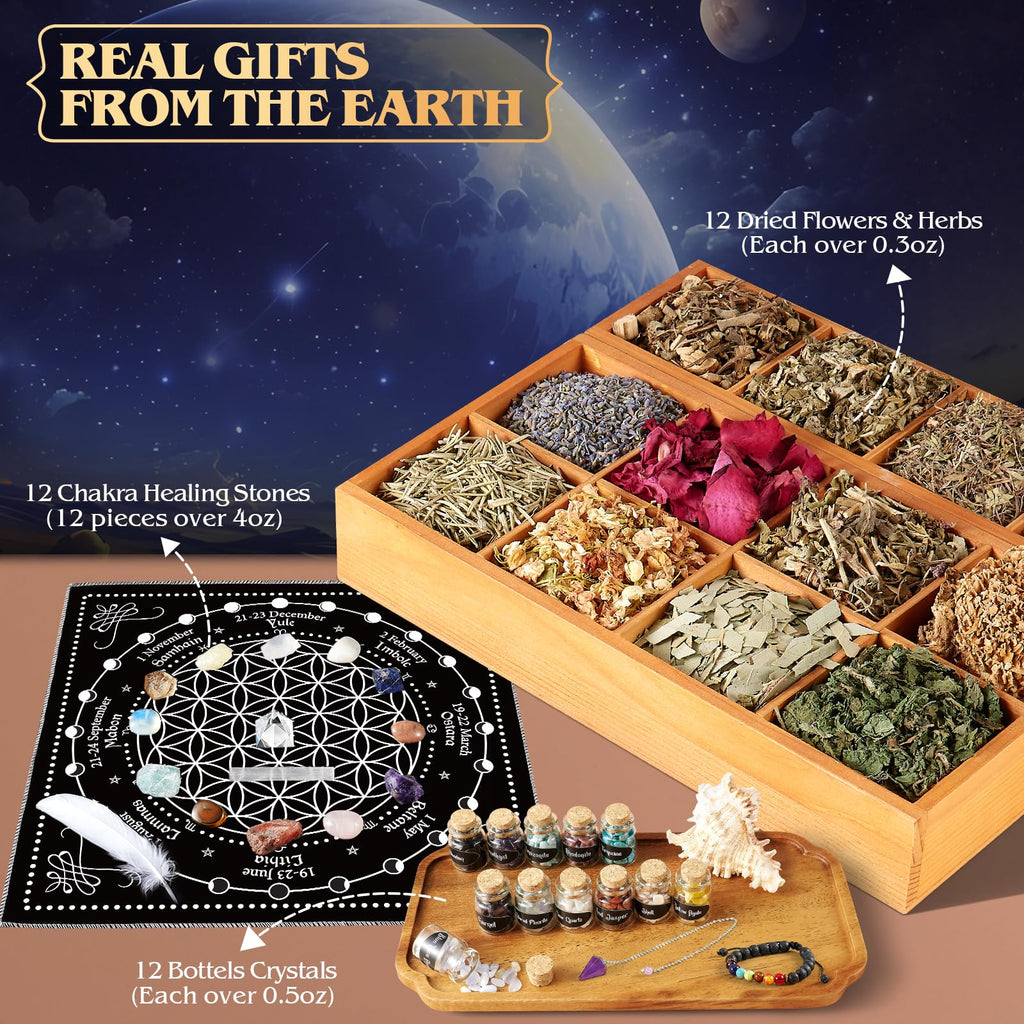 Witchcraft Supplies Kit, 80Pack Witch Starter Kit Wiccan Supplies and Tools Witchy Gifts for Beginners, Spell Candles, Chakra He