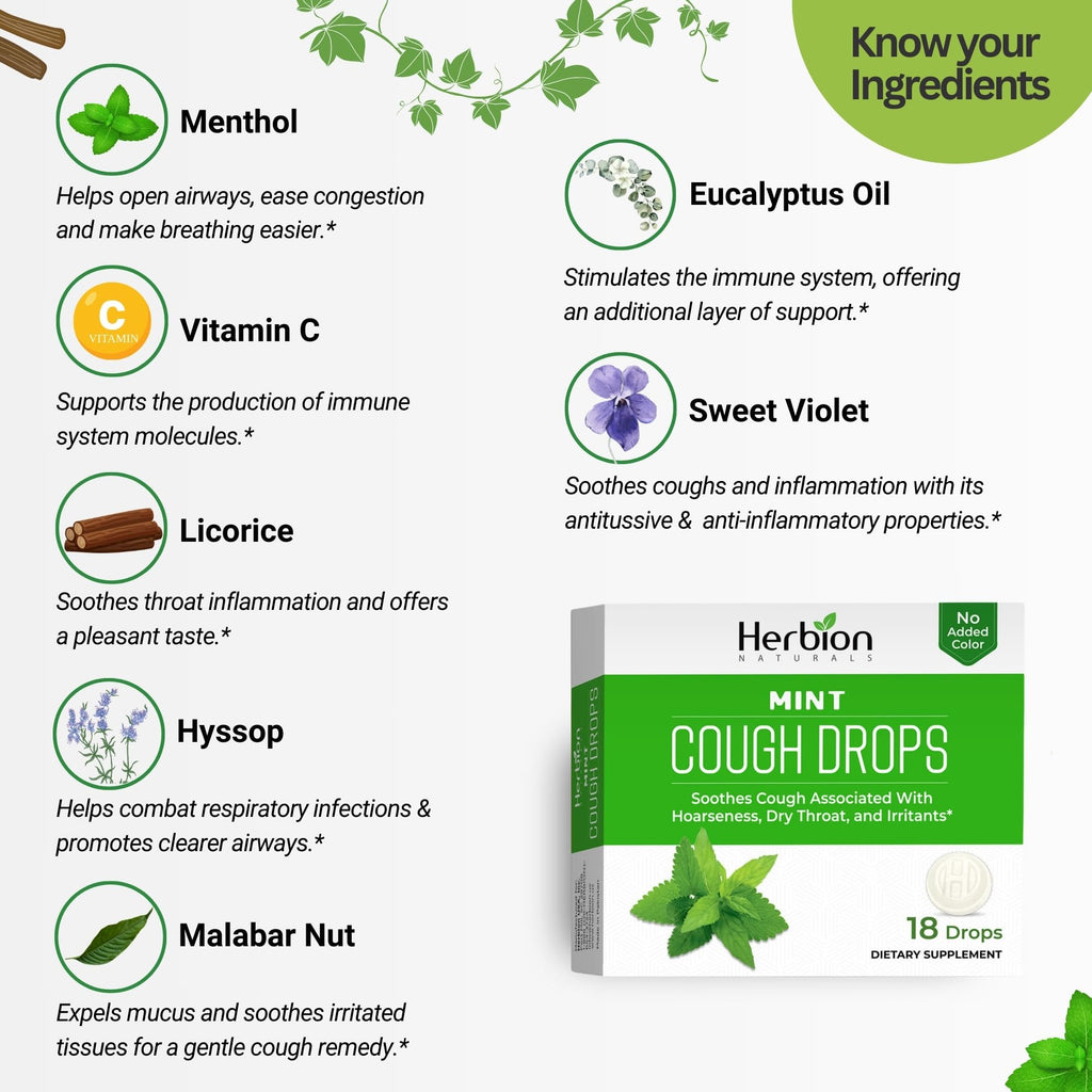 HERBION Naturals Cough Drops with Mint Flavor, Soothes Cough, for Adults and Children Over 6 Years, 18 Drops, No Artificial Flav
