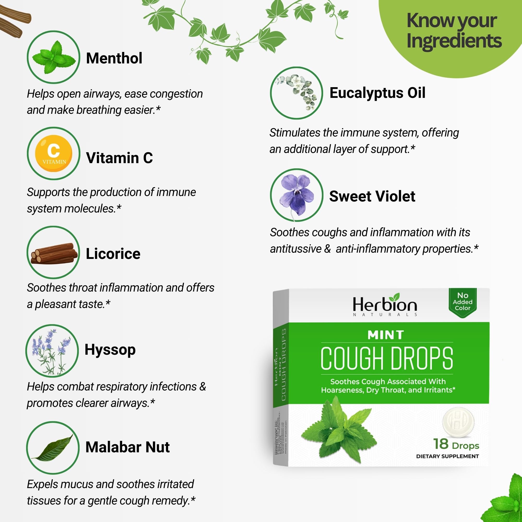 HERBION Naturals Cough Drops with Mint Flavor, Soothes Cough, for Adults and Children Over 6 Years, 18 Drops, No Artificial Flav