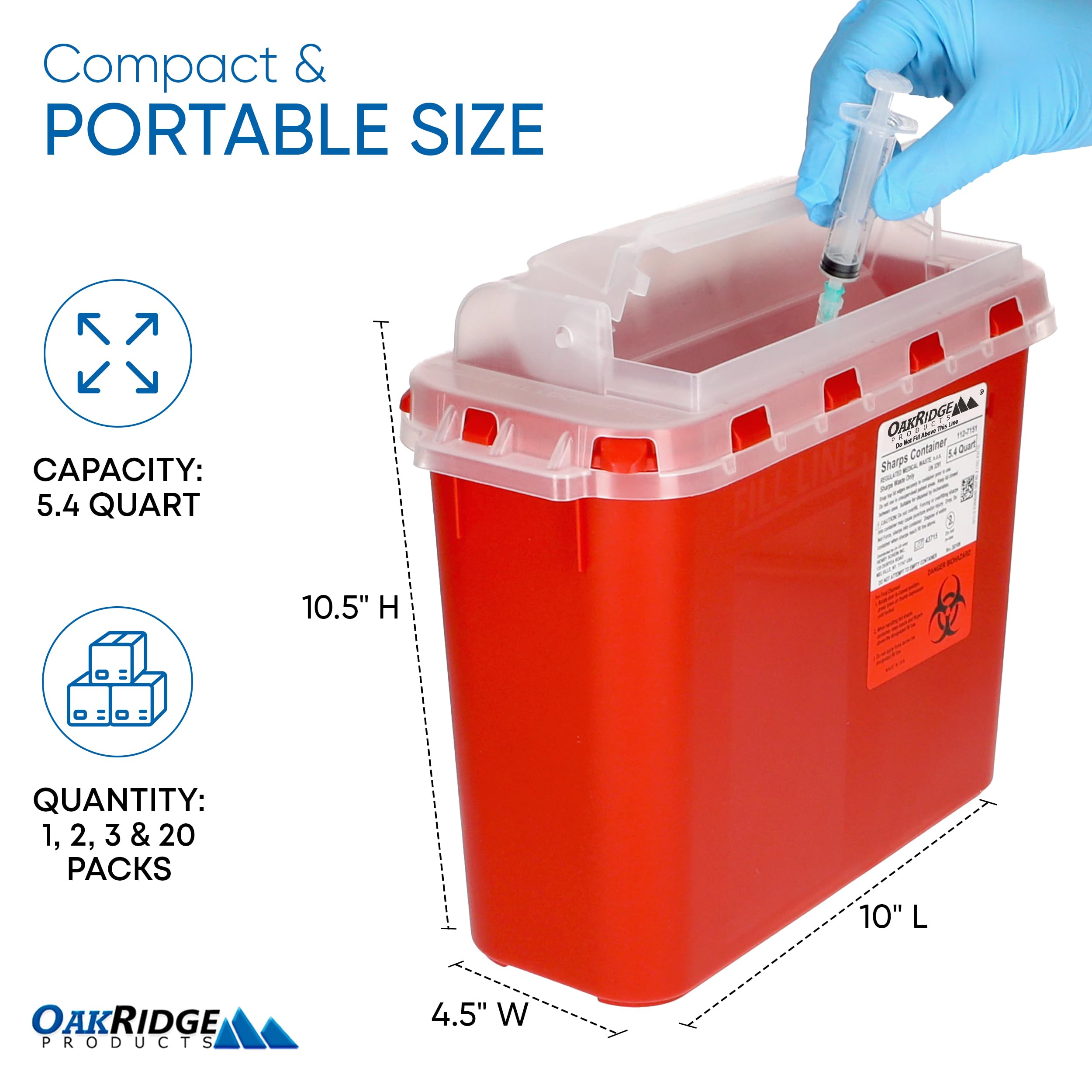 Oakridge Products Transparent Sharps Container for Home Use and Professional 5.4 Quart (1-Pack), Touchless Biohazard Needle and