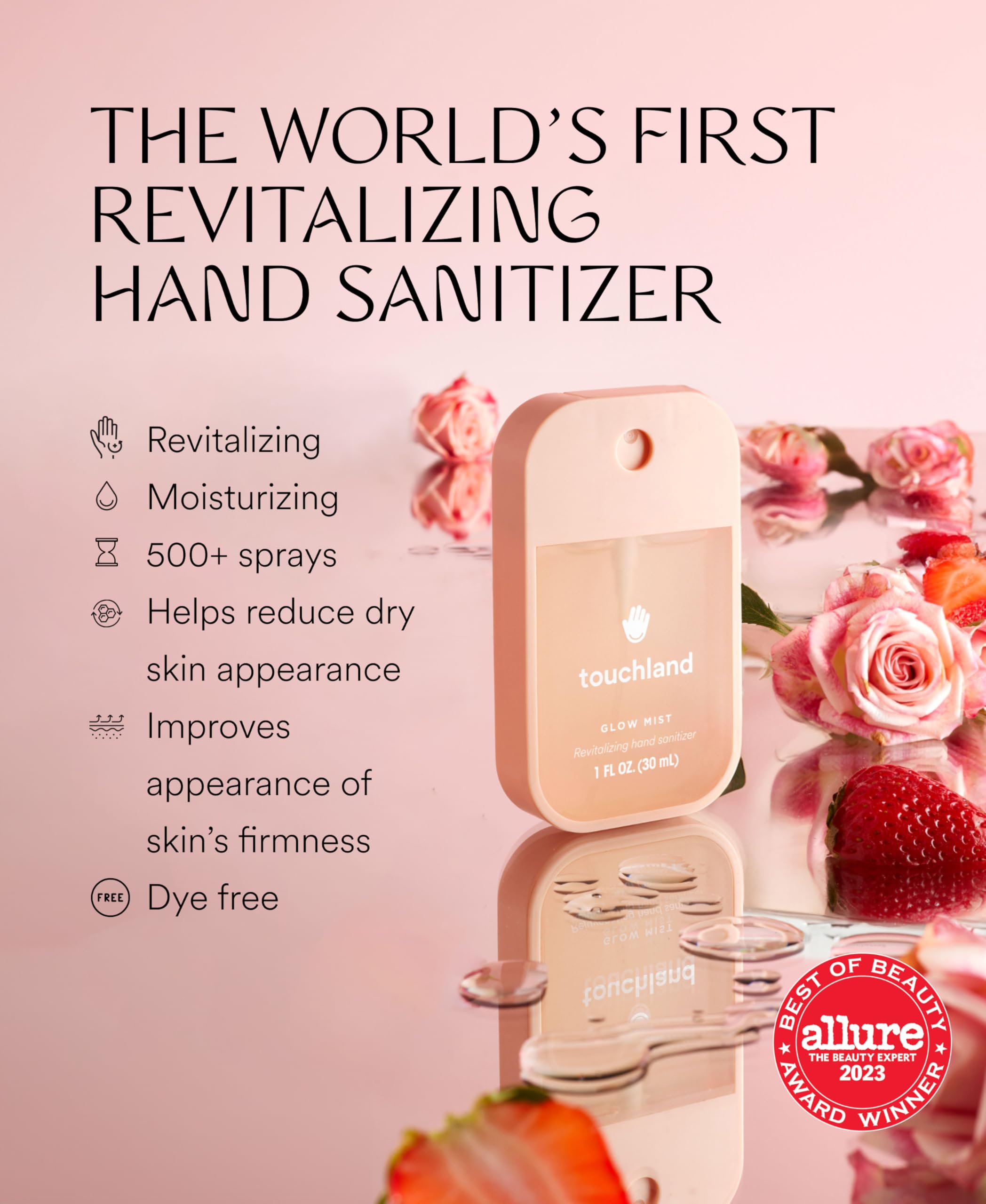 Touchland Glow Mist Revitalizing Hand Sanitizer Spray, Rosewater scented, 500-Sprays each, 1FL OZ