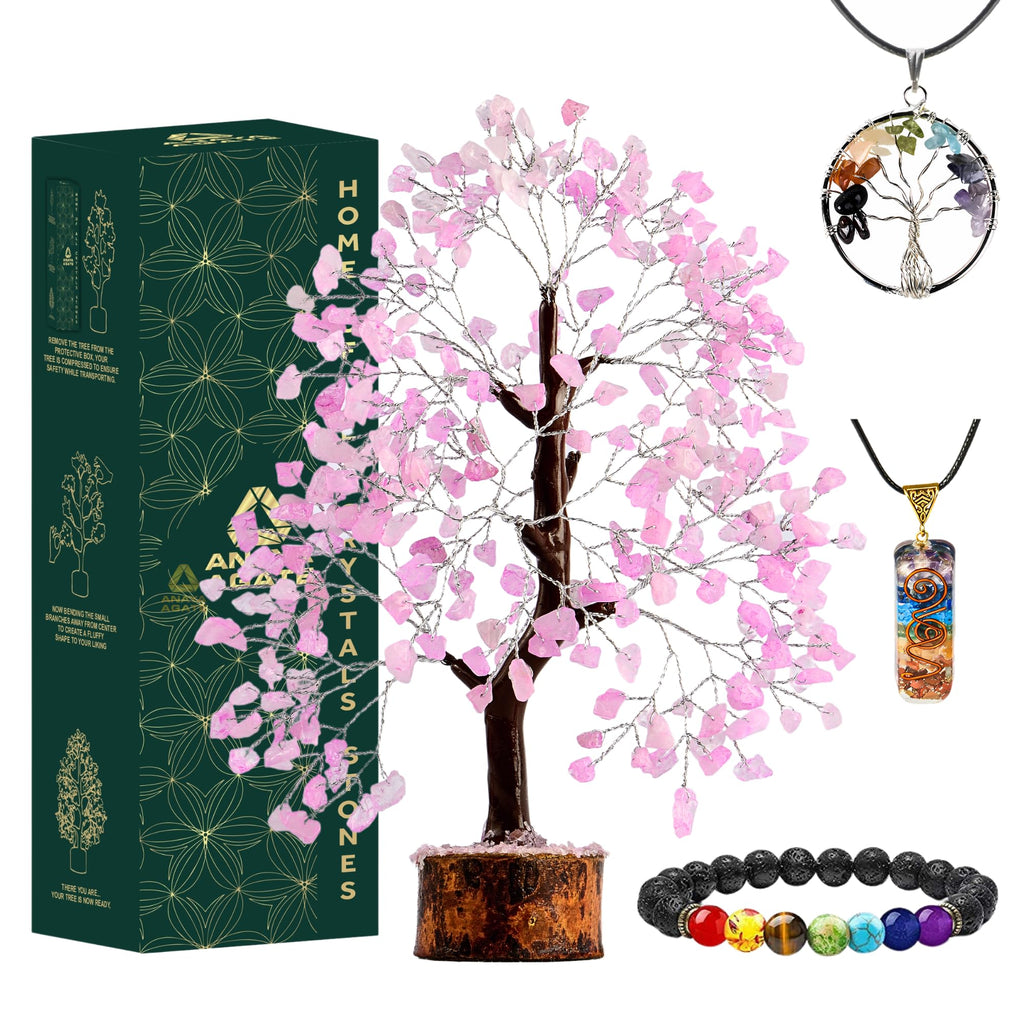 Rose Quartz Crystal Trees for Home Decor, Office Desk Decoration, Chakra Healing Crystals and Stone for Positive Energy, Money, 
