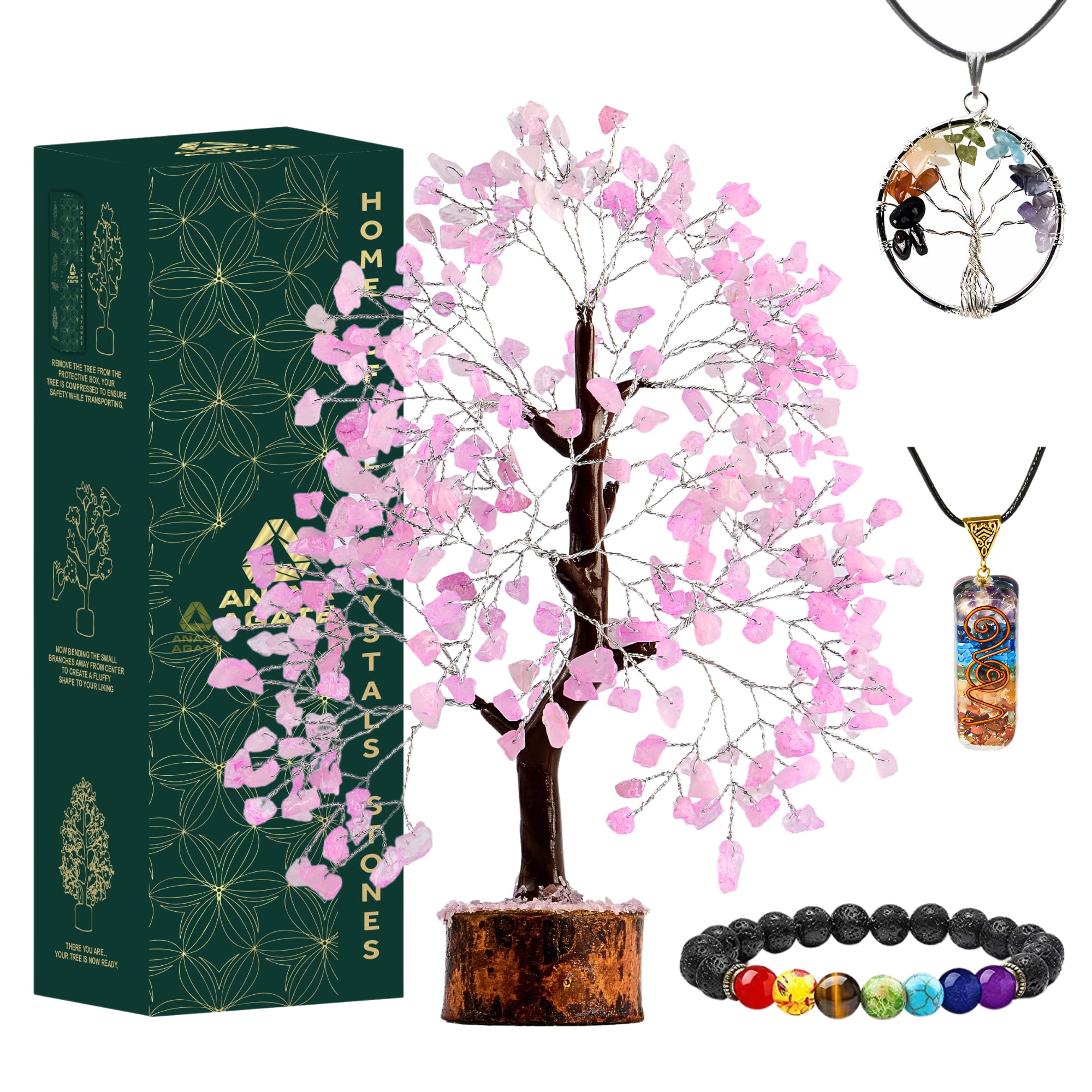 Rose Quartz Crystal Trees for Home Decor, Office Desk Decoration, Chakra Healing Crystals and Stone for Positive Energy, Money, 