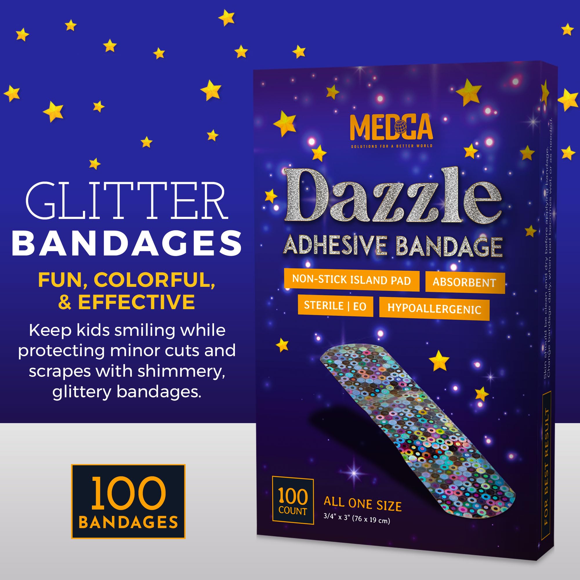 Glitter Bandages for Kids -(100 Count Box) Adhesive Bandage Strips w/Colorful Glitter Design & Latex-Free Individually Wrapped S