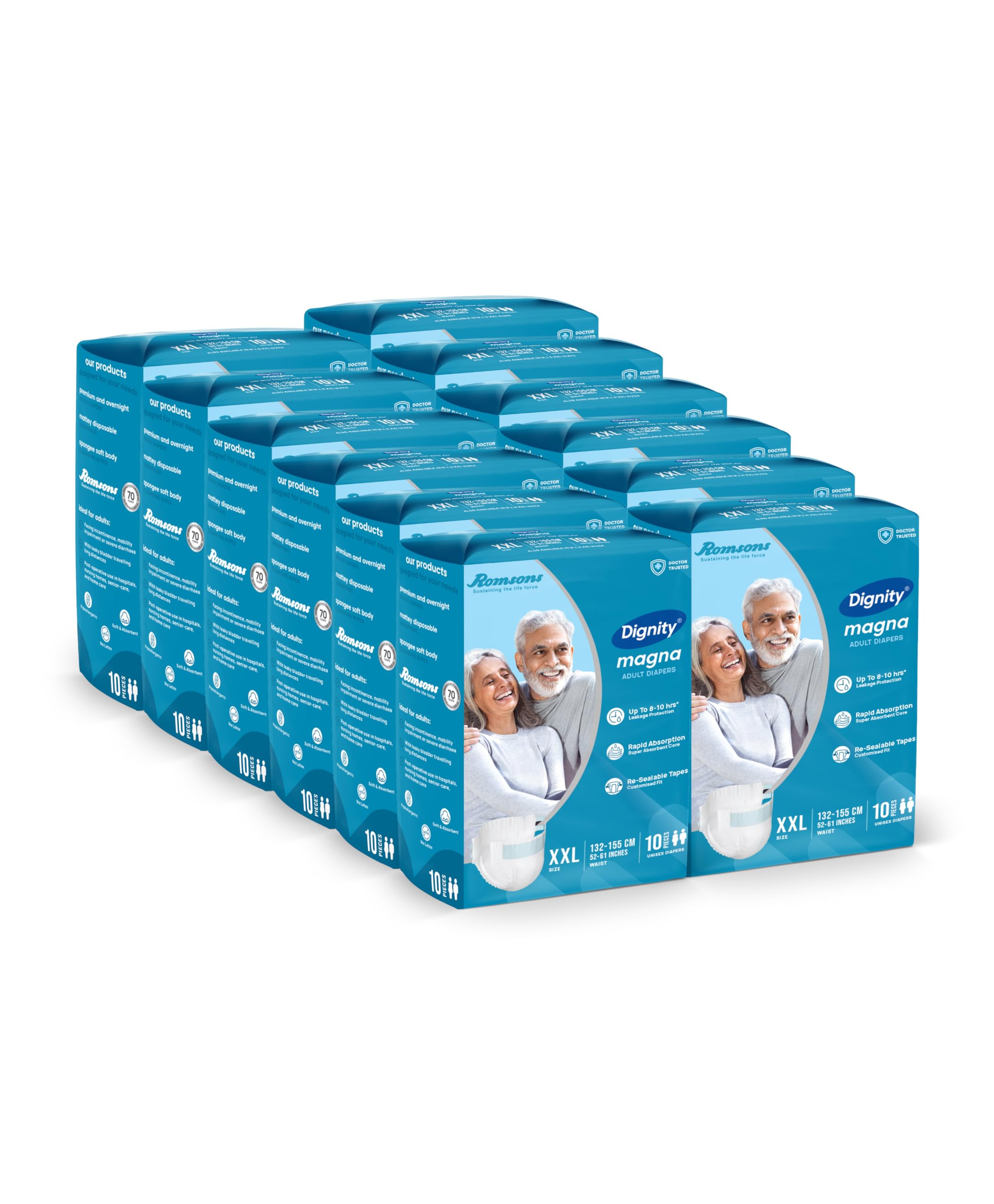 Dignity Magna Tape Style Adult Diapers  Xxl (120 Pieces) With Wetness Indicator And Leakage Protection Upto 810 Hrs.