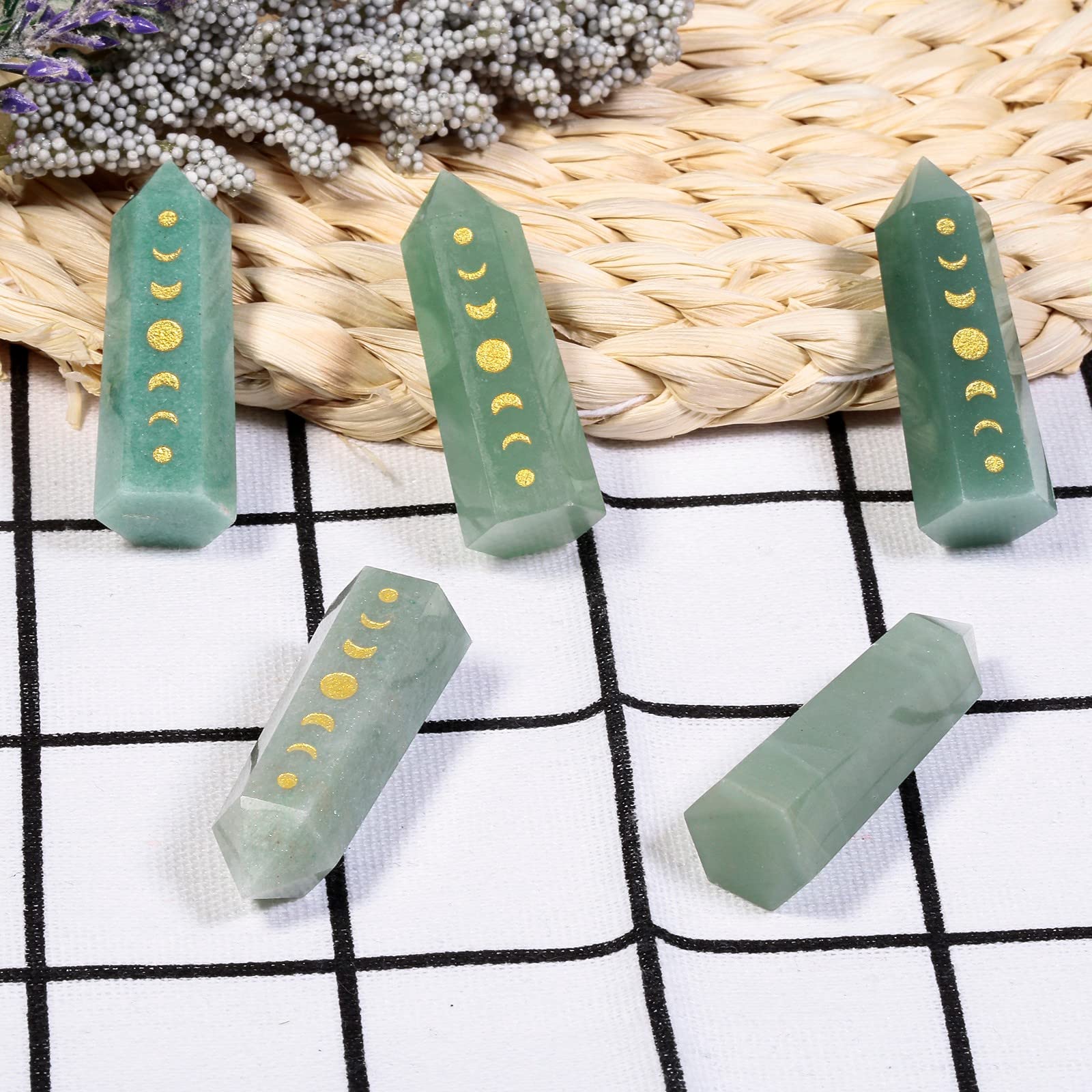 Amogeeli Wicca Moon Phase Green Aventurine Stone Point Wand for Reiki Meditation, 6 Faceted Prism Healing Stone Decoration for H