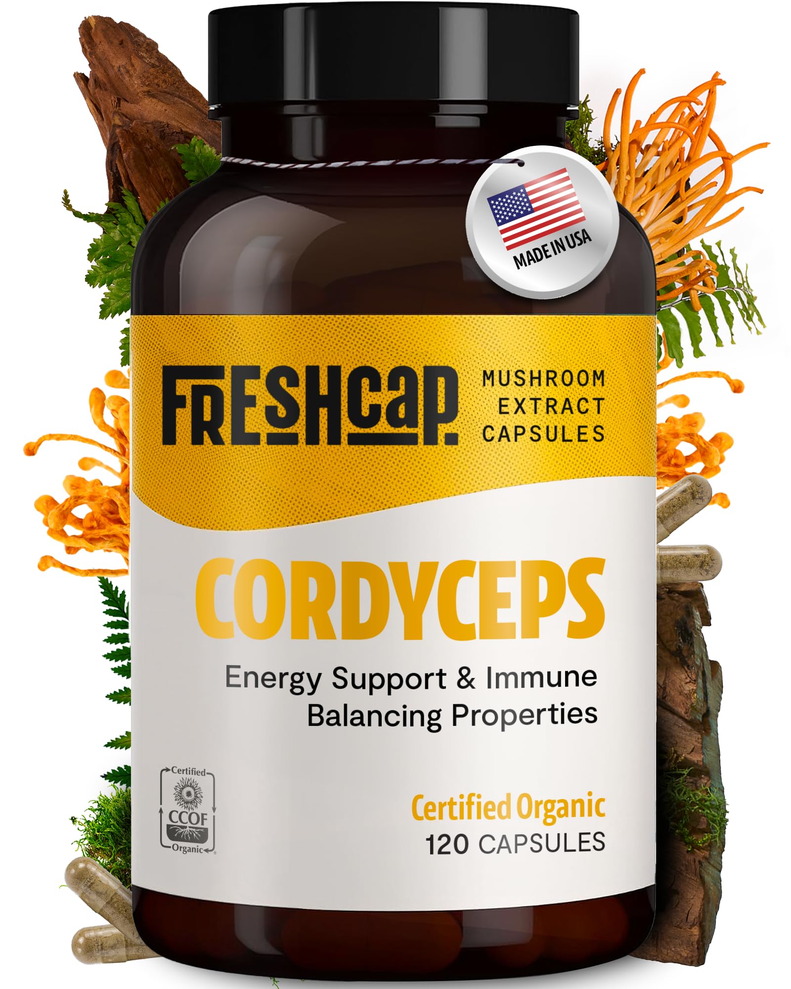 FreshCap Cordyceps Mushroom Supplements - Ayurveda for Energy & Endurance (120 Capsules)