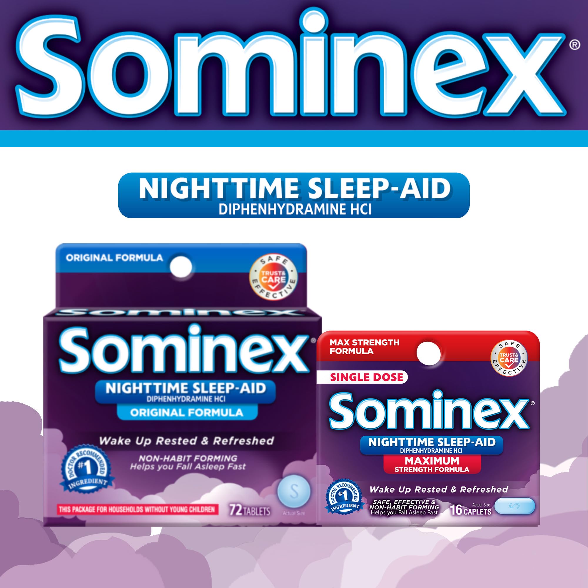 Sominex Nighttime Sleep-Aid Tablets, Maximum Strength Formula, Single Dose, Assorted, 16 Count