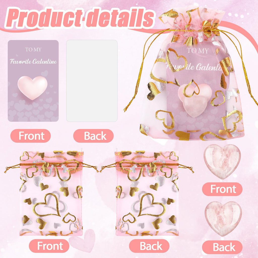Layhit 72 Pcs Valentines Galentine Gift Bulk Crystals Pink Rose Quartz Hearts Gifts Galentine Rose Quartz Mini Worry Stone Gemst