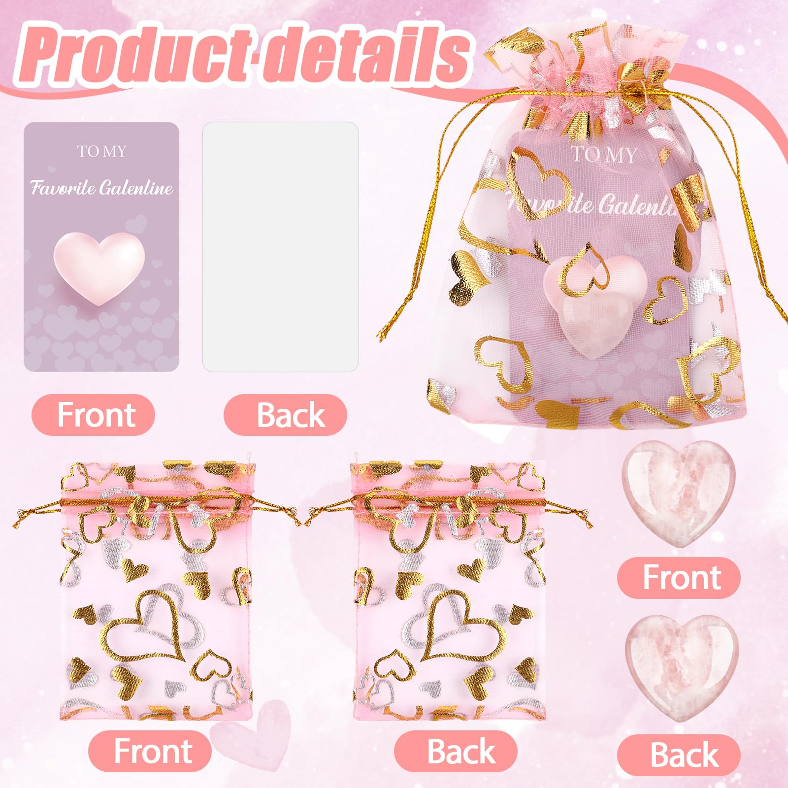 Layhit 72 Pcs Valentines Galentine Gift Bulk Crystals Pink Rose Quartz Hearts Gifts Galentine Rose Quartz Mini Worry Stone Gemst