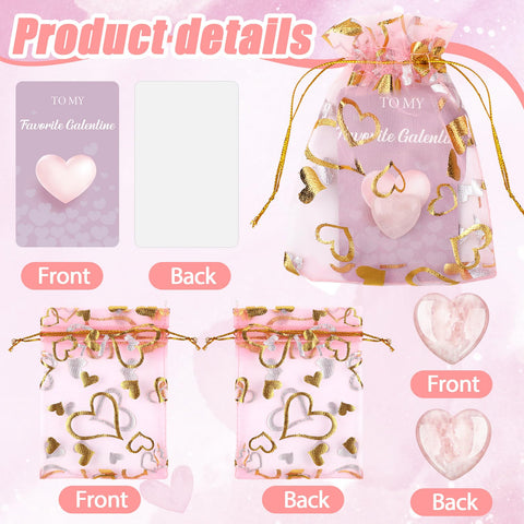 Layhit 72 Pcs Valentines Galentine Gift Bulk Crystals Pink Rose Quartz Hearts Gifts Galentine Rose Quartz Mini Worry Stone Gemst