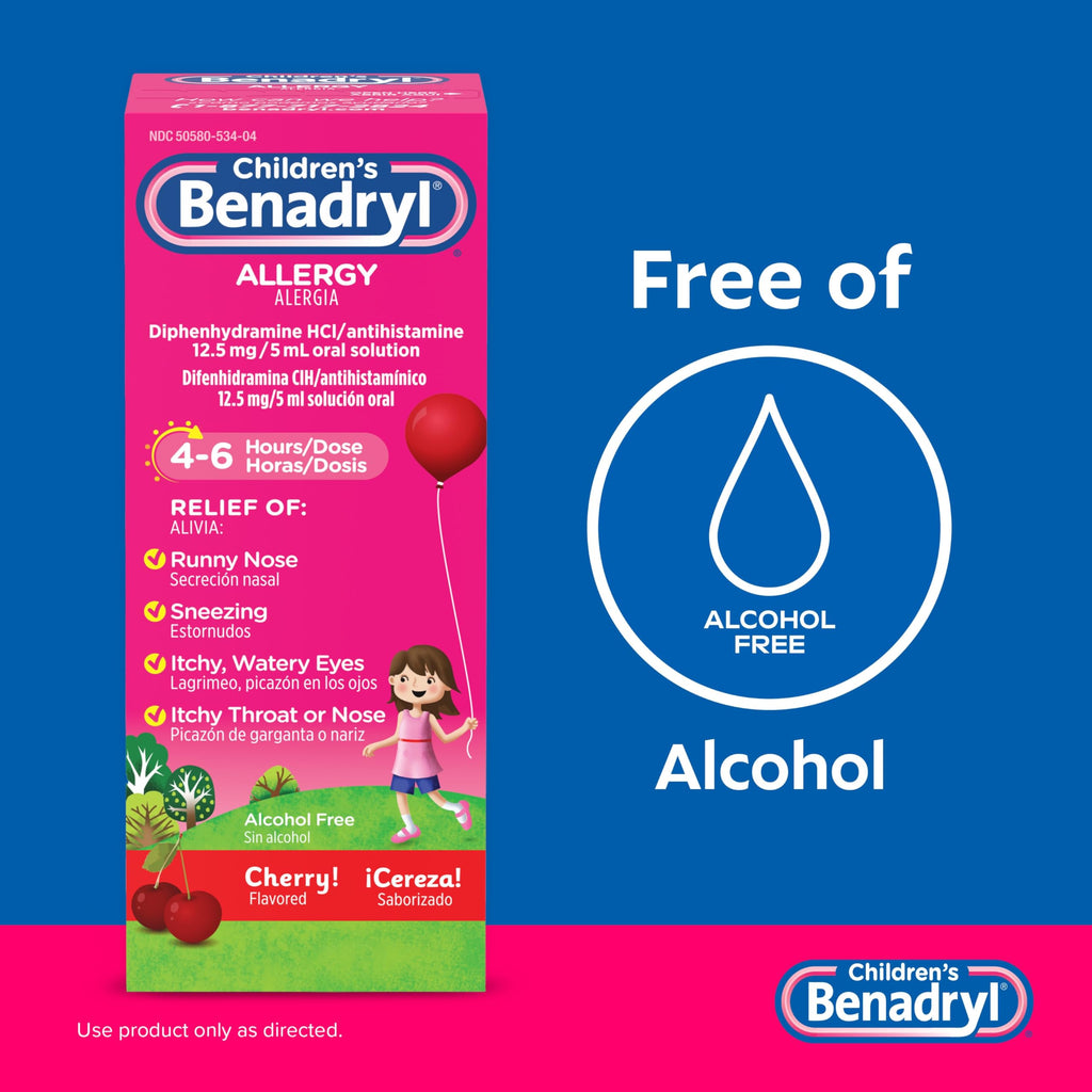 Benadryl Childrens Allergy Relief Liquid Medicine with Diphenhydramine HCl, Kids Allergy Syrup for Allergy Symptoms Like Runny