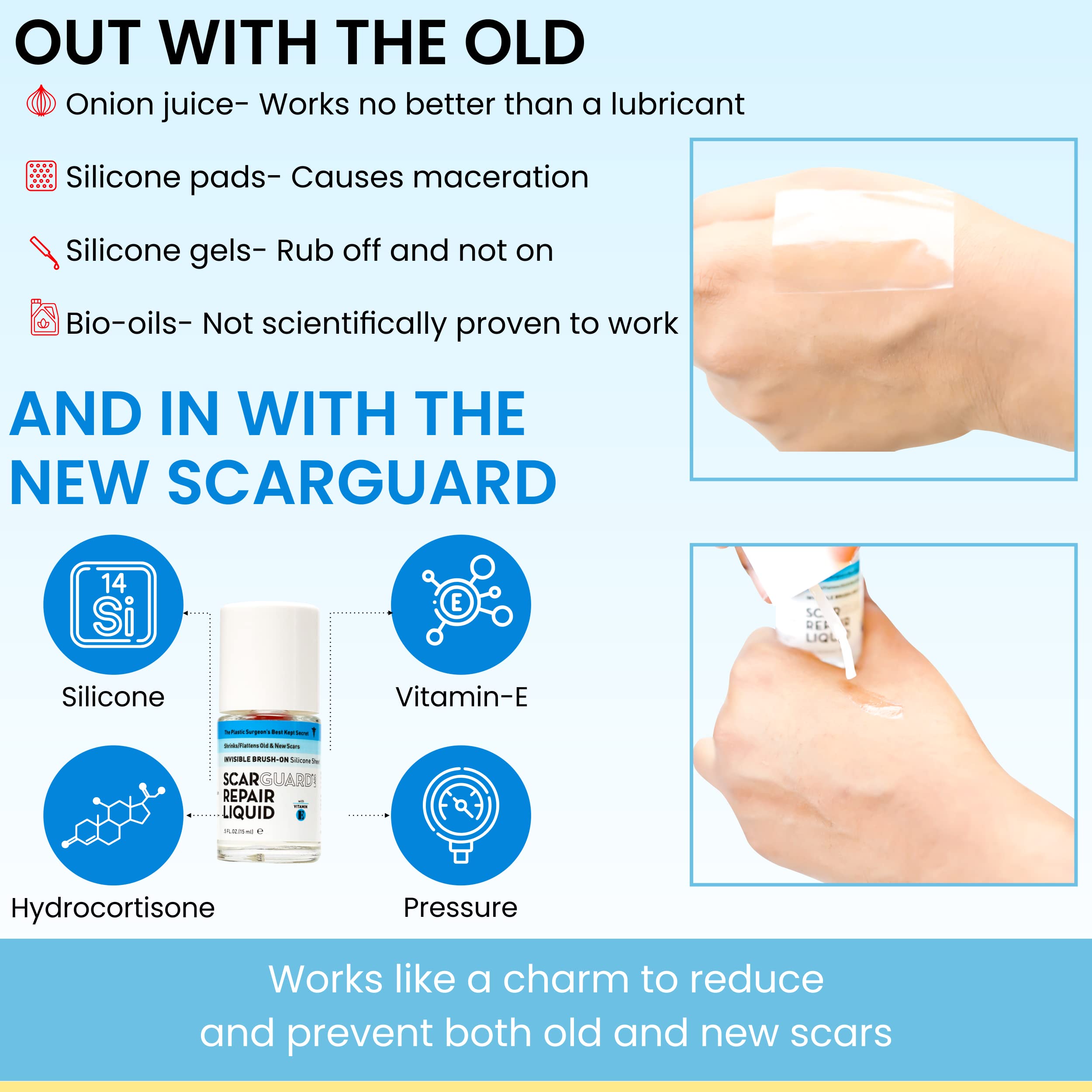 Scarguard - Invisible Brush-On Silicone Sheet with Vitamin E - Scar Removal for Keloids, Burn Scars, Surgery Scars, Stitches, Cu