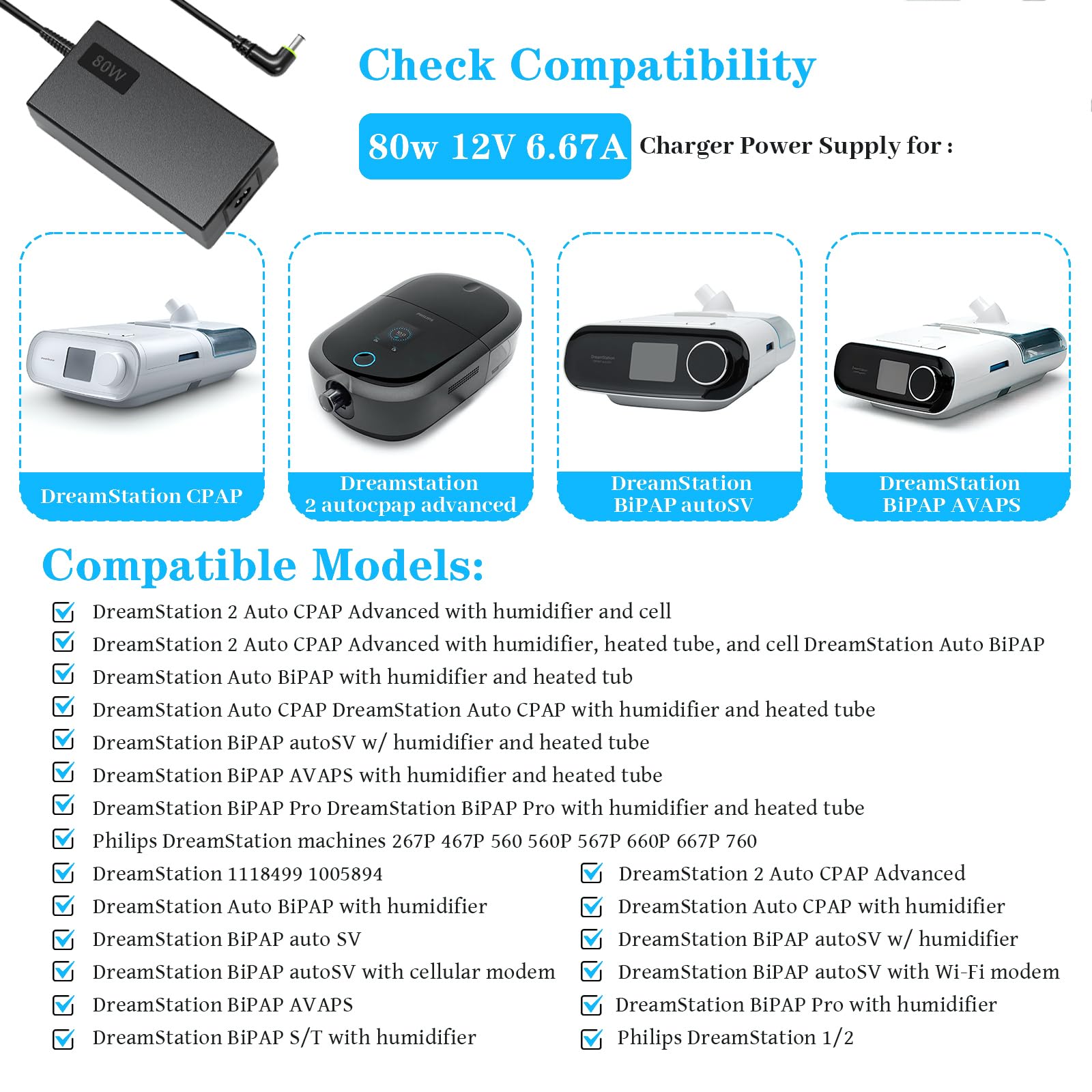 HHZ 80W Charger Compatible with Philips DS500 DS700 DSX510H11C DSX520T11C, DreamStation 2 Respironics CPAP Auto Pro Ref 1144267