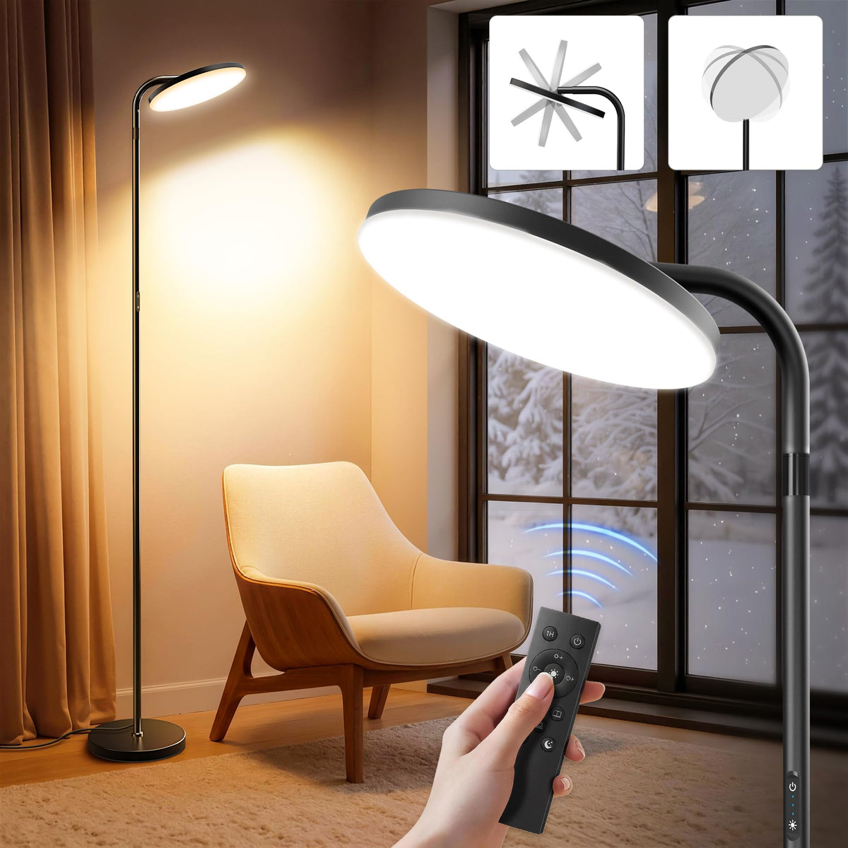 Thalyrwen Light Therapy Lamp 15000 Lux, Full Spectrum Happy Lamp with Remote & Stepless Dimming, 4 Color Modes, 350 Rotating Hea