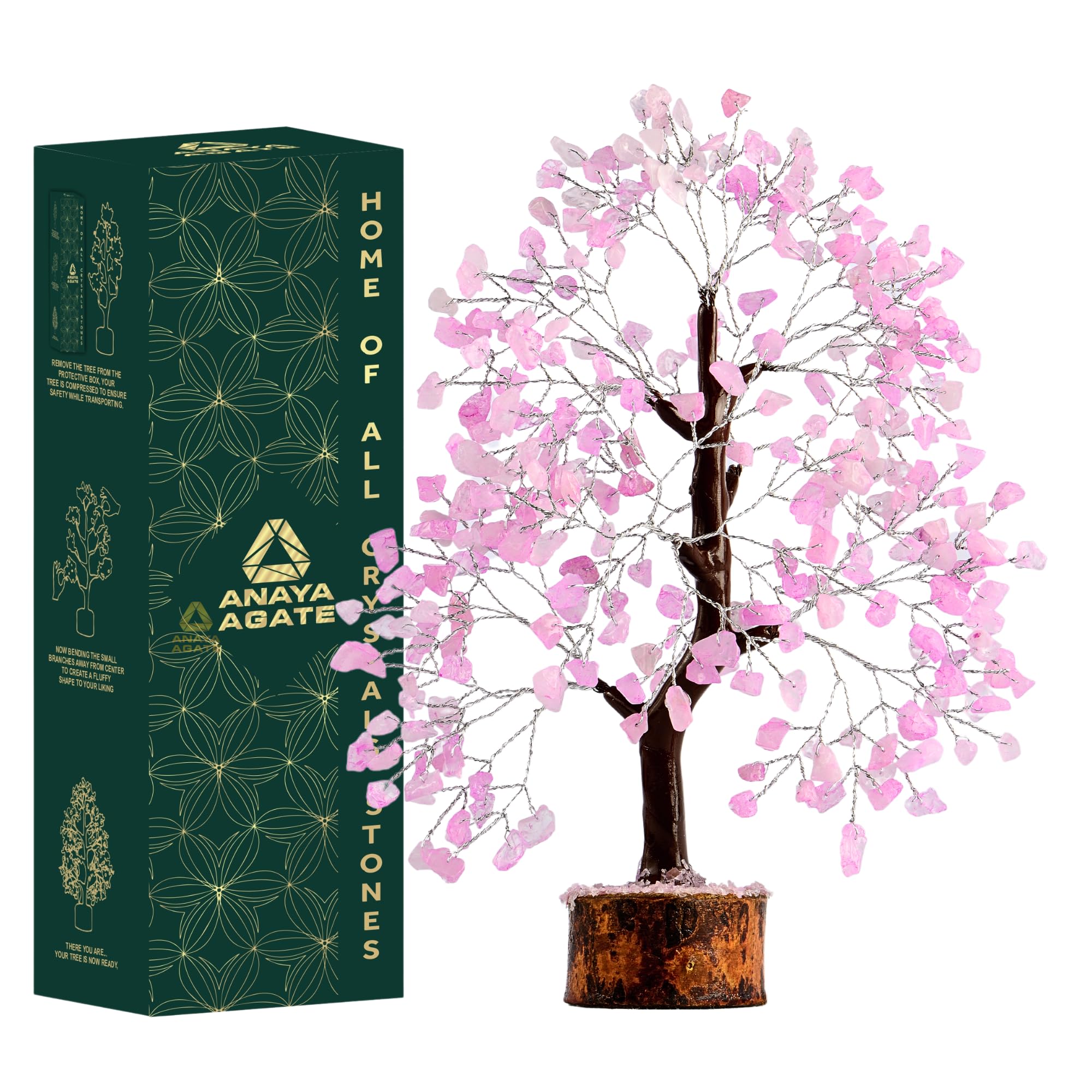 Rose Quartz Crystal Tree for Home Decor, Office Desk Decoration, Chakra Healing Crystals and Stone for Positive Energy, Money, G