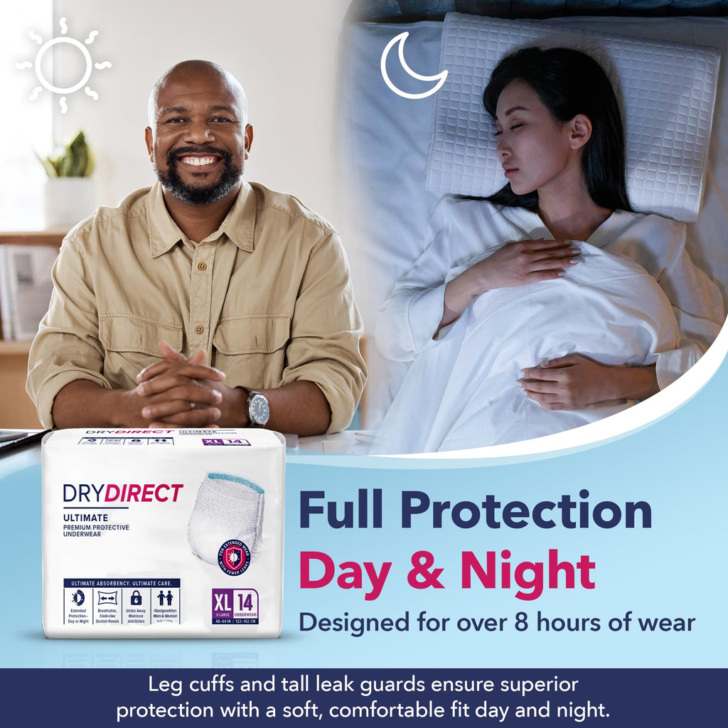 Dry Direct Ultimate Underwear, Made-in-USA Adult Diapers, Max Absorbency Disposable Incontinence Protection - Large (Case of 64)