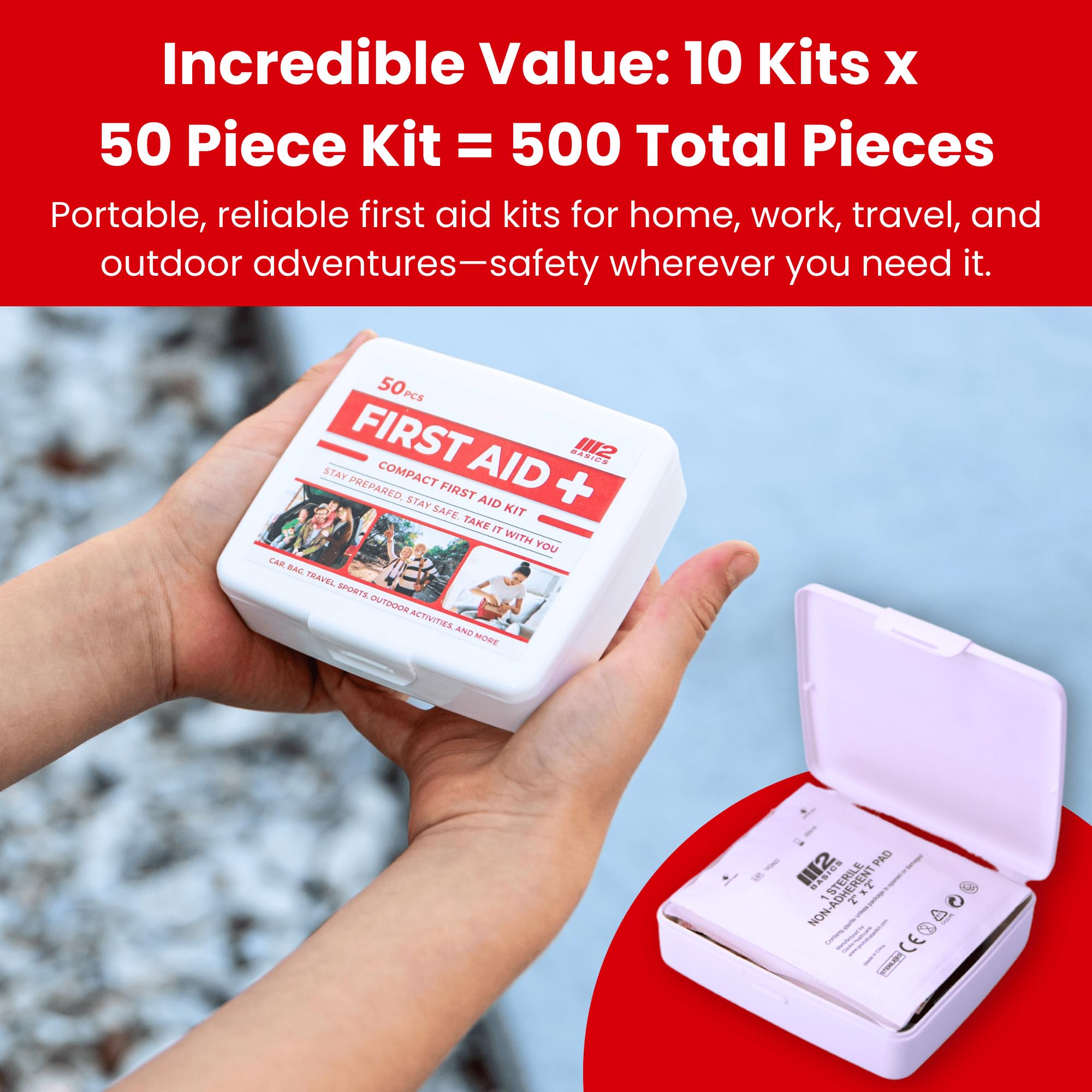 M2 BASICS 10-Pack Mini First Aid Kit Bundle (500 PCS Total, 50 PCS/Kit) | Travel, Car, Camping, Home, Business, Emergency, Chari