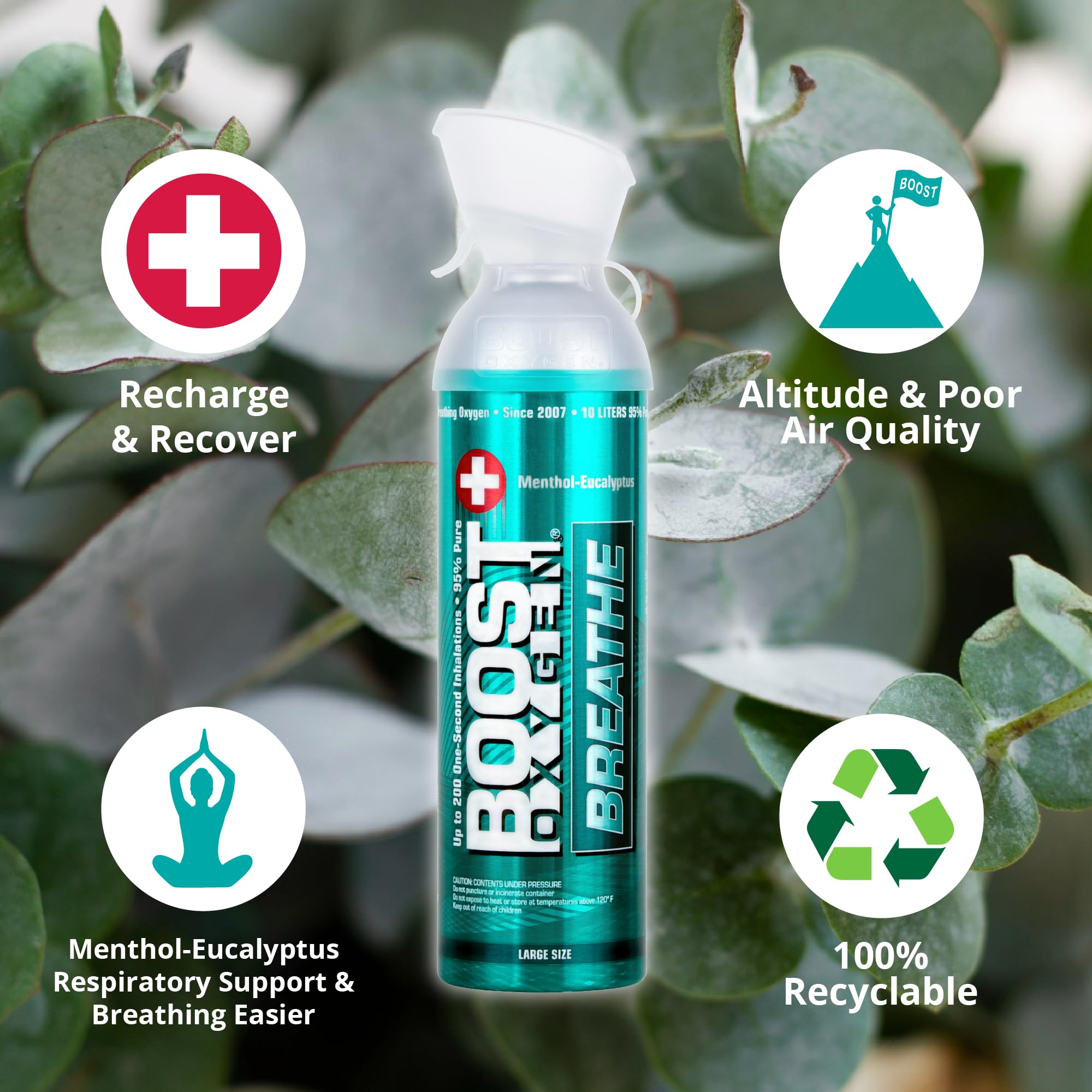 Boost Oxygen Large Breathe Menthol-Eucalyptus Aroma 10L Canister | Respiratory Support for Aerobic Recovery, Altitude, Performan