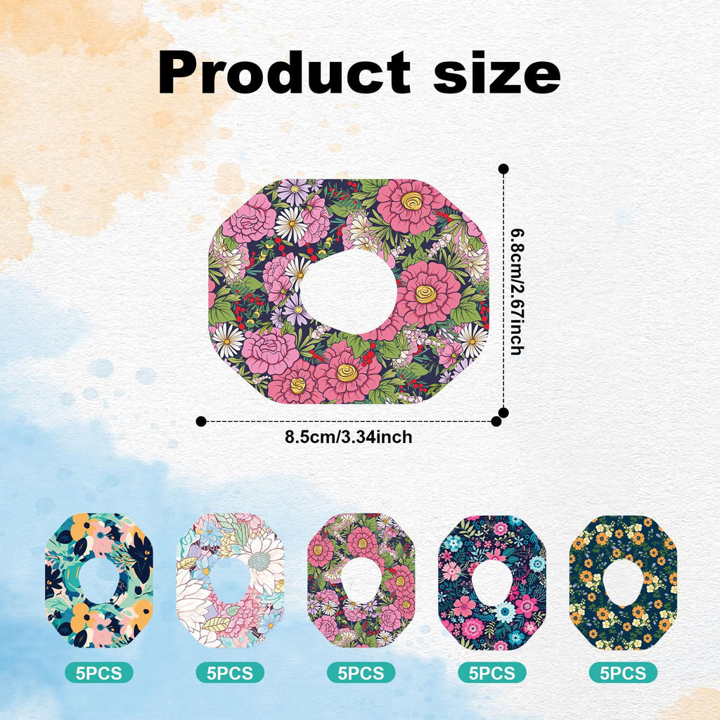 25pcs Adhesive Over Patches for Dexcom G7, Spring Flower Style Waterproof Breathable Sweatproof Sensor Cover, Floral CGM Overpat
