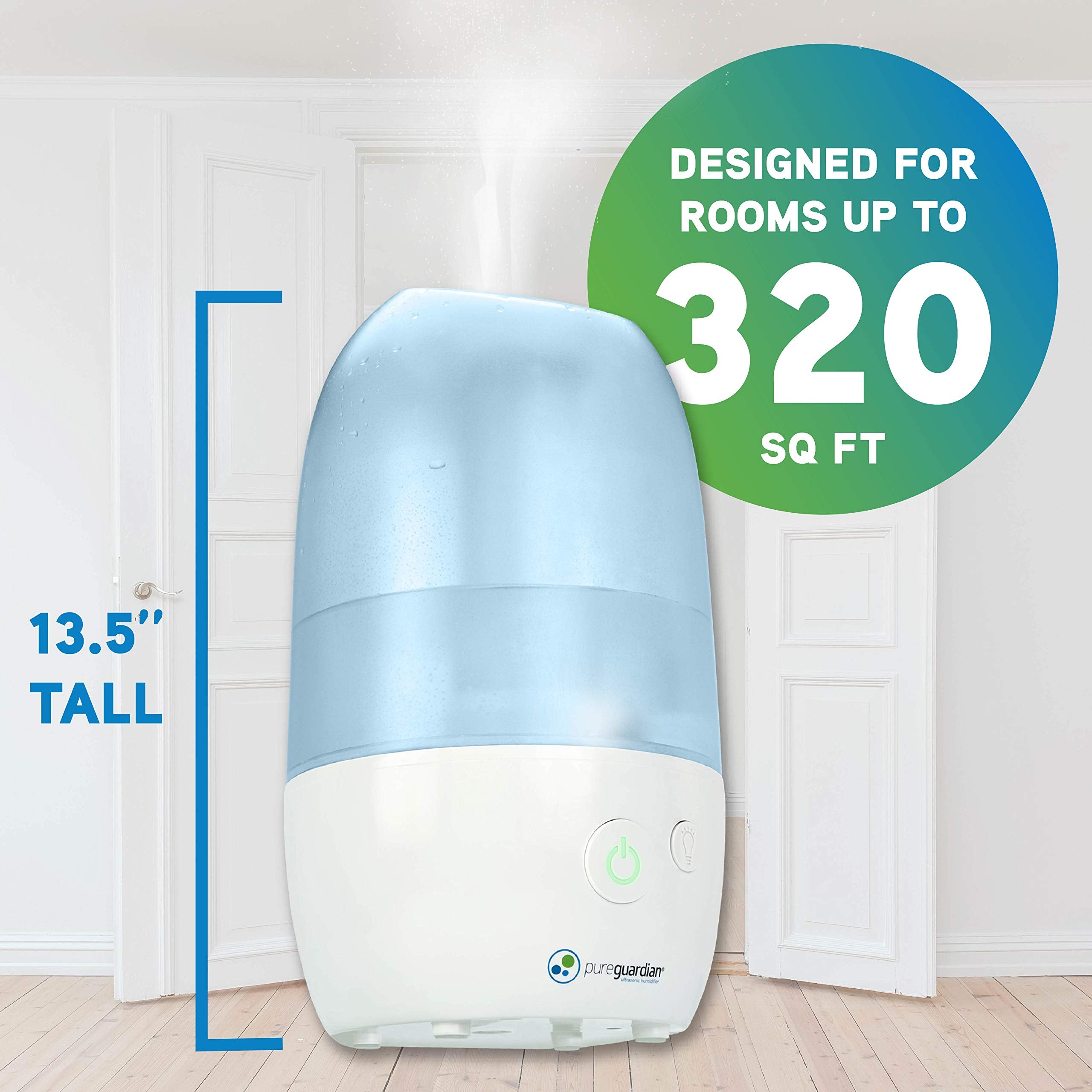 PureGuardian Ultrasonic Cool Mist Humidifier with Aromatherapy Tray, 70-Hour Run Time, 1-Gallon Tank Capacity, 320 Sq. Ft. Cover