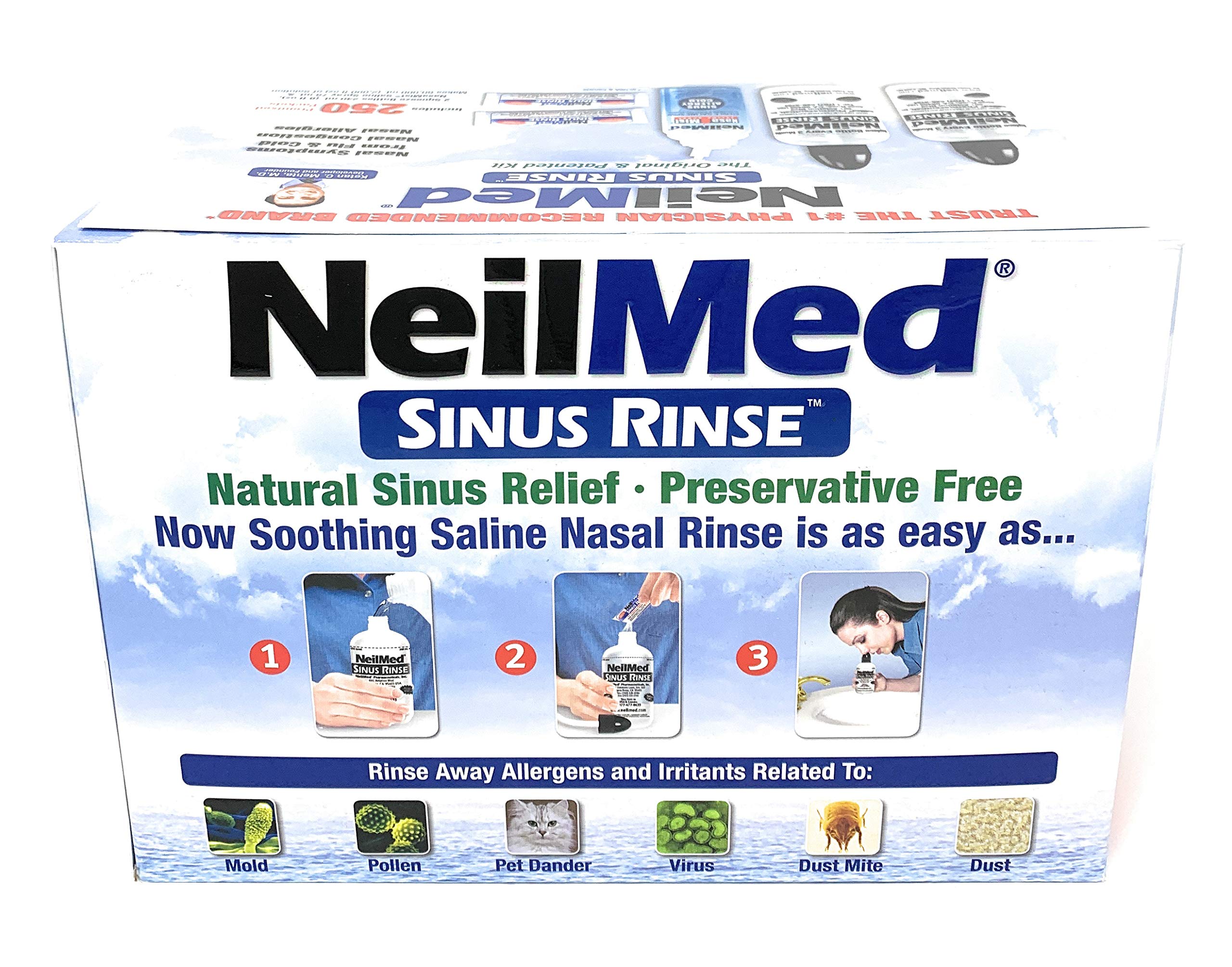 NeilMed Sinus Rinse - 2 squeeze Bottles 240mL (8fl oz) & Nasamist Saline Spray 75mL - 250 Premixed Packets - BONUS Nasa Mist Sal
