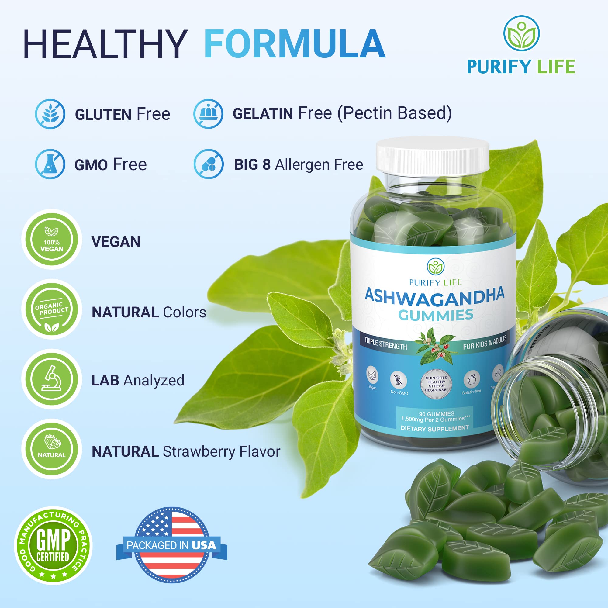 Ashwagandha Gummies (Max Strength - 750mg/Gummy) (90ct - Up to 3 Month Supply) Support Calm Mood, Relaxation & Cognitive Support