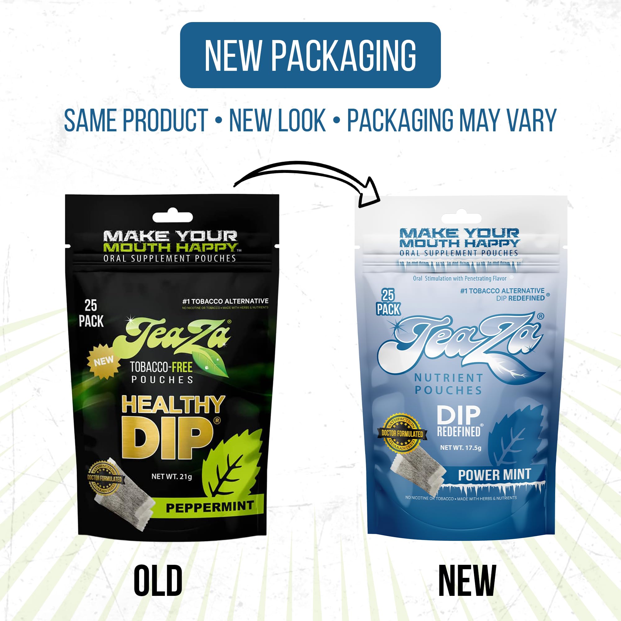 TeaZa Energy - Tobacco-Free Pouches Nicotine-Free Dip, Smokeless Alternative Snuff Healthy Chewing Dipping Alternative, Power Mi