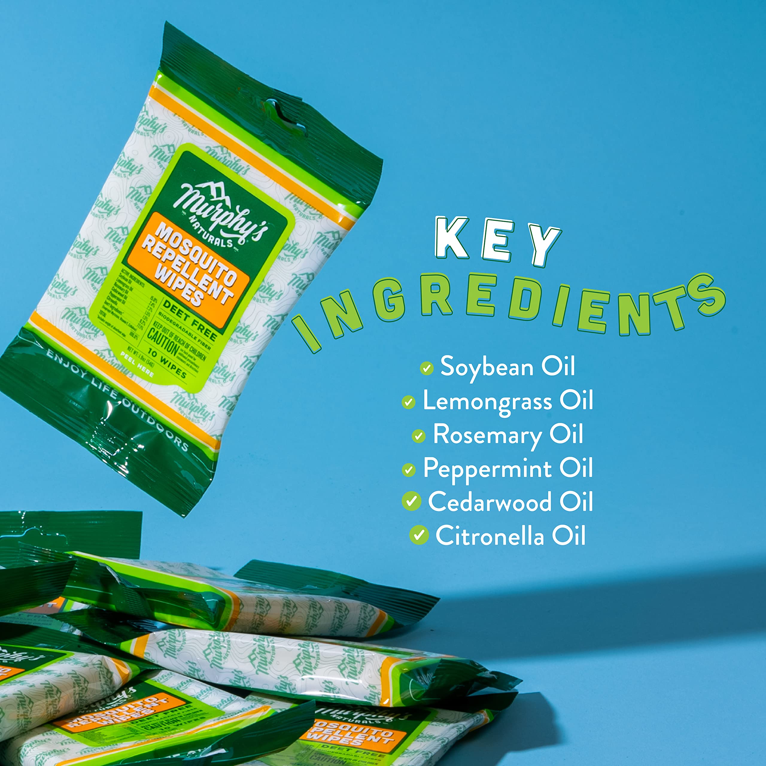 Murphys Naturals Mosquito Repellent Wipes | DEET Free | Made with Plant Based Essential Oils | Includes Citronella + Lemongrass