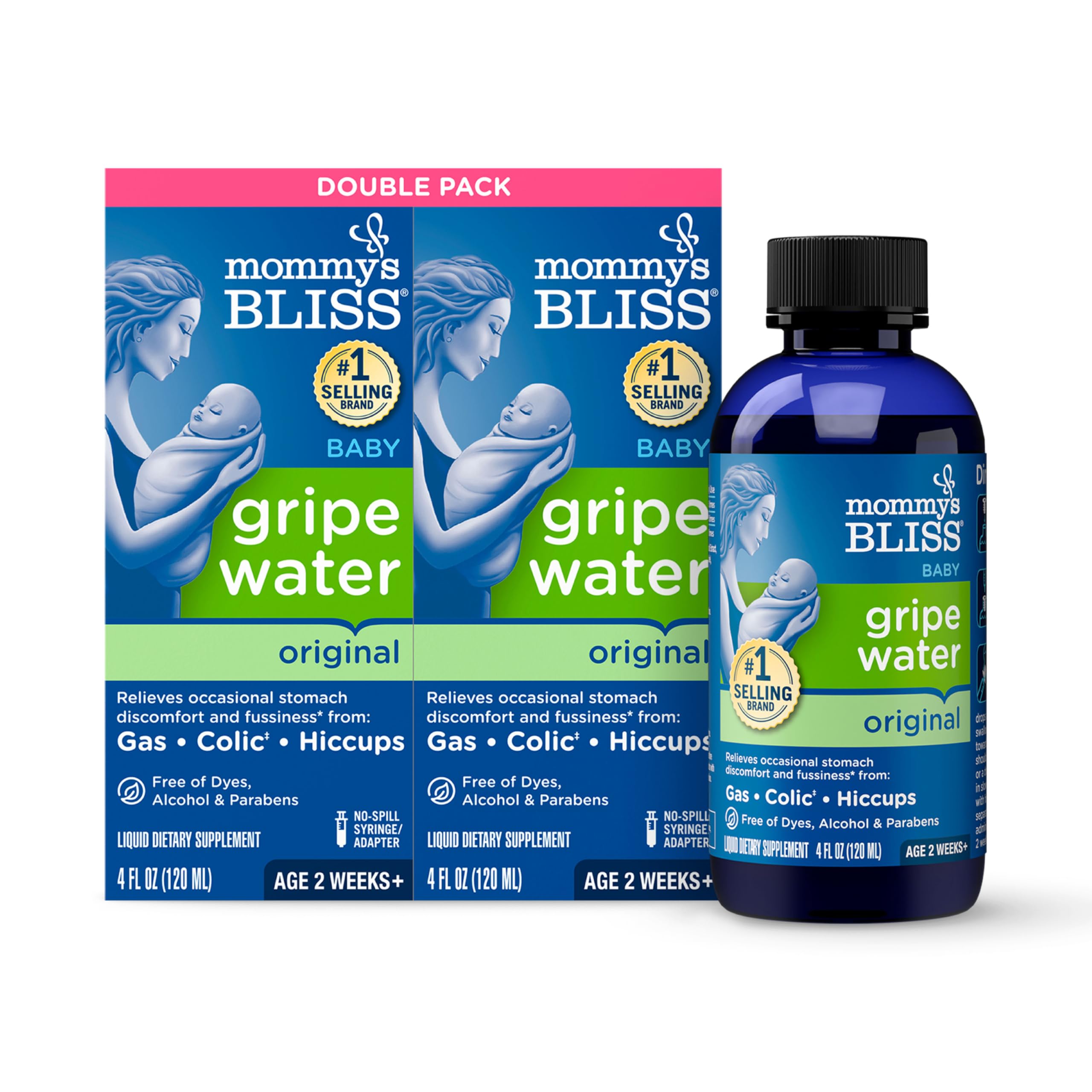 Mommys Bliss Gripe Water for Babies - Double Pack, Relieves Stomach Discomfort from Gas, Colic, Fussiness & Hiccups, Age 2 Week