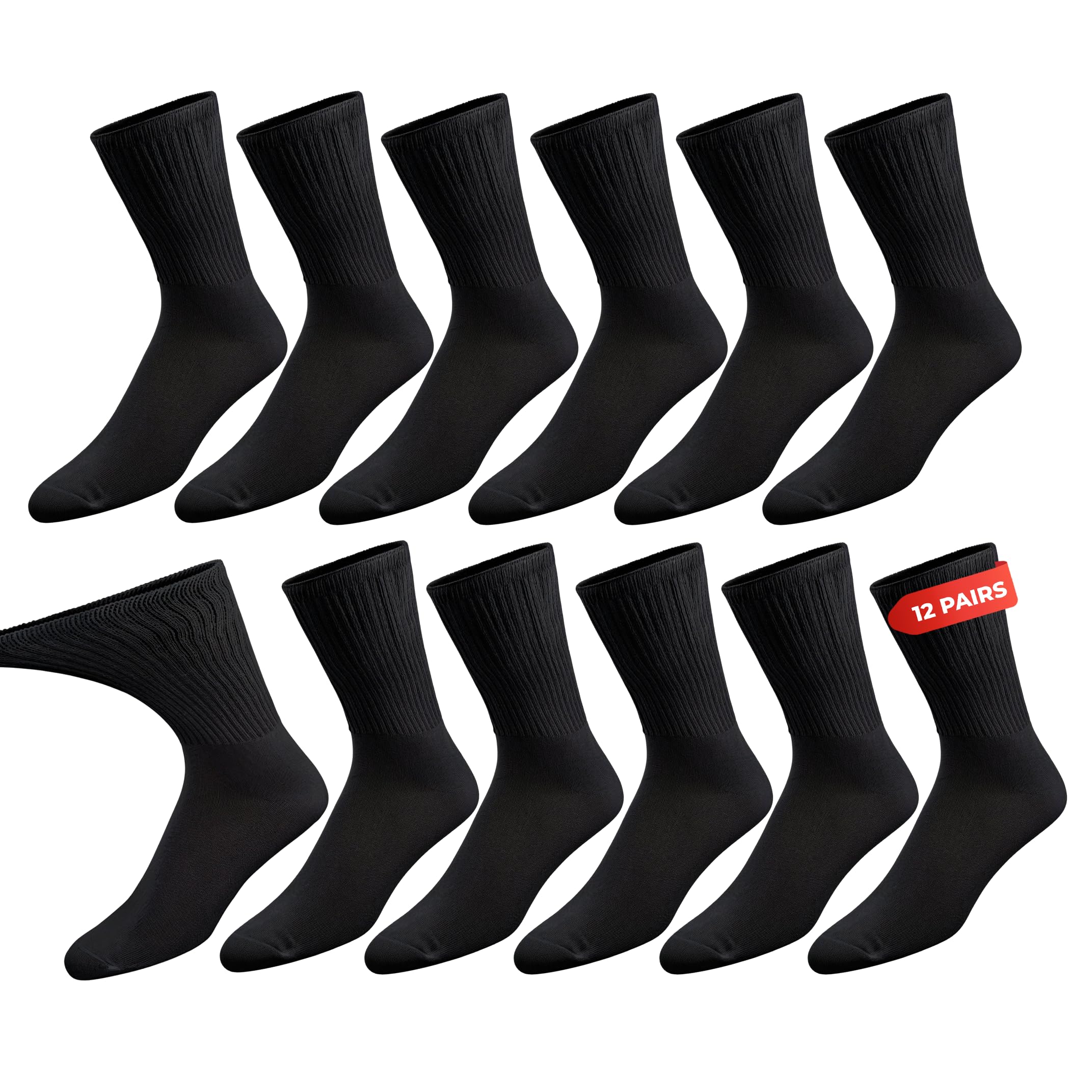 Men's Diabetic Socks - 12 Pack - Black - By Zeke, Size 10-13